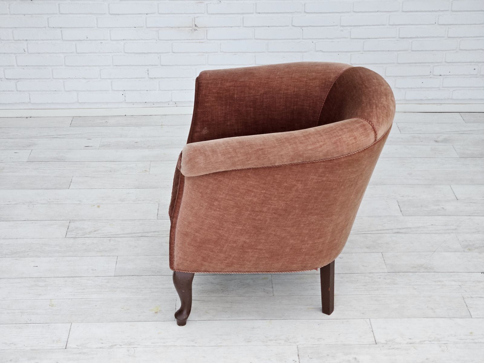 photo buy 1960s, Danish Lounge Chair, Salmon Pink Furniture Velour, Ash Wood Legs.