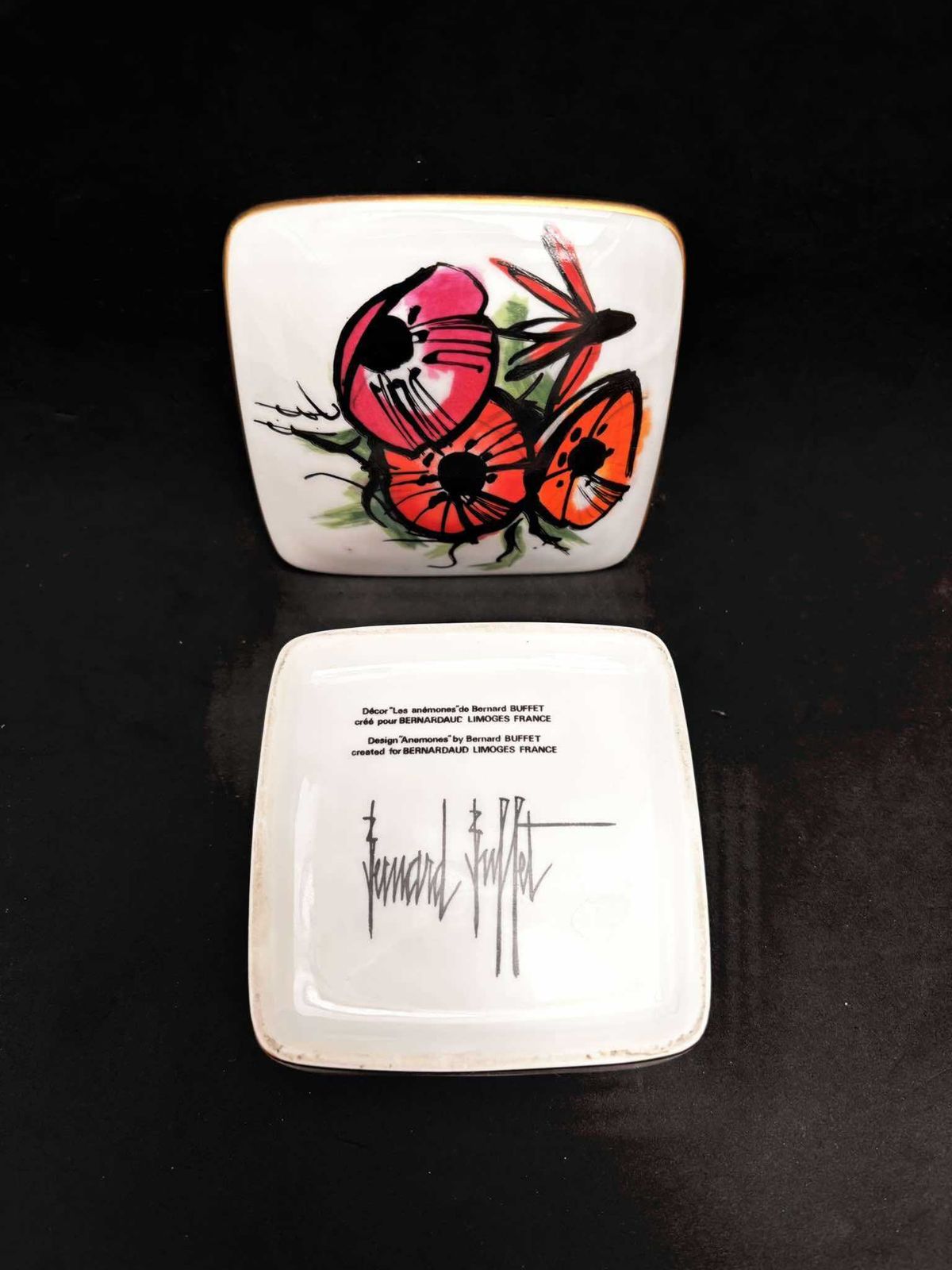 1980s Bernard Buffet Porcelain Box Bernardaud Limoges France Square Box Luxury Gift Concord Collector Anemones Flowers Decor Vanity Decor photo Home Decor