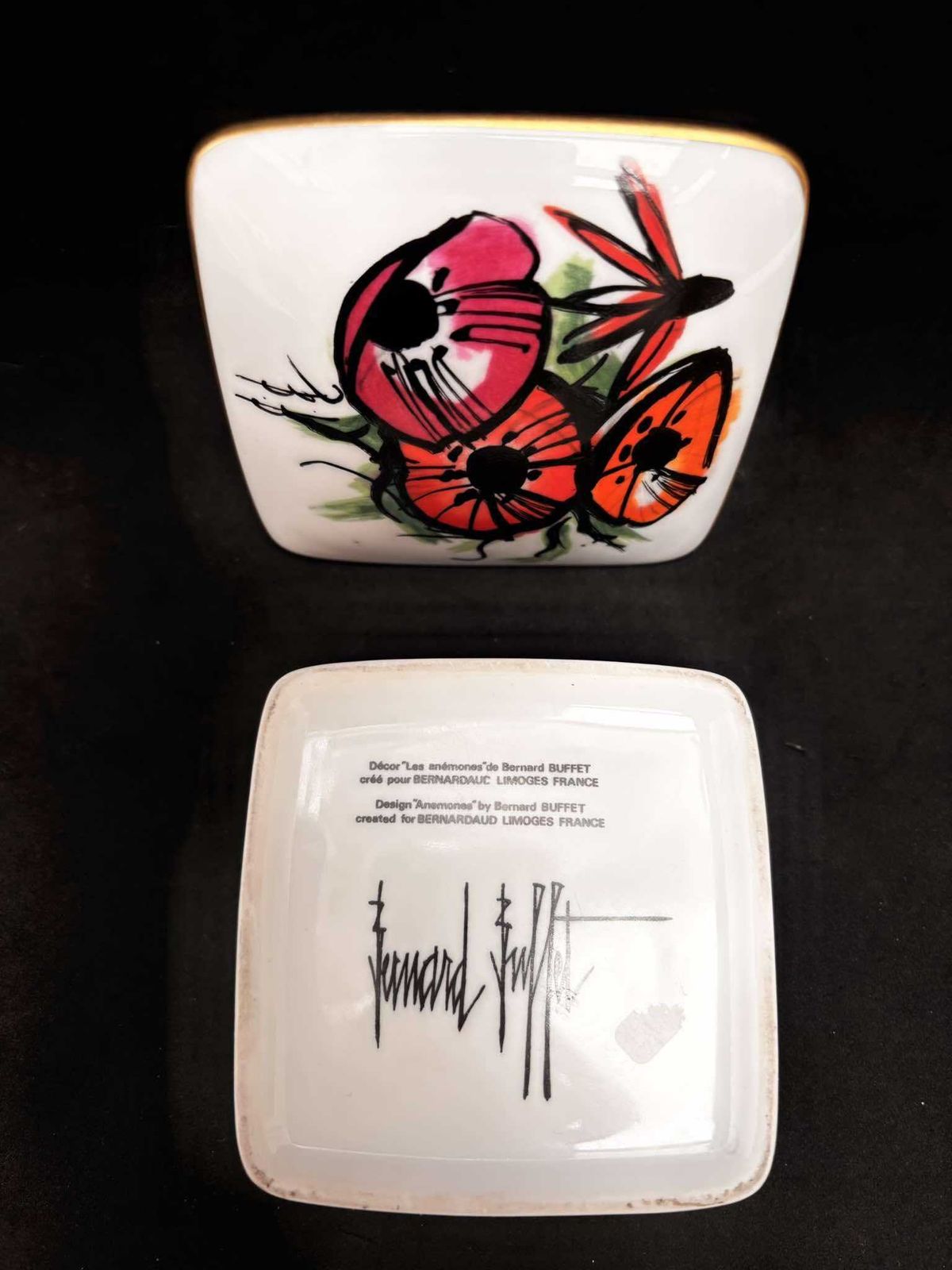 1980s Bernard Buffet Porcelain Box Bernardaud Limoges France Square Box Luxury Gift Concord Collector Anemones Flowers Decor Vanity Decor photo 220.0