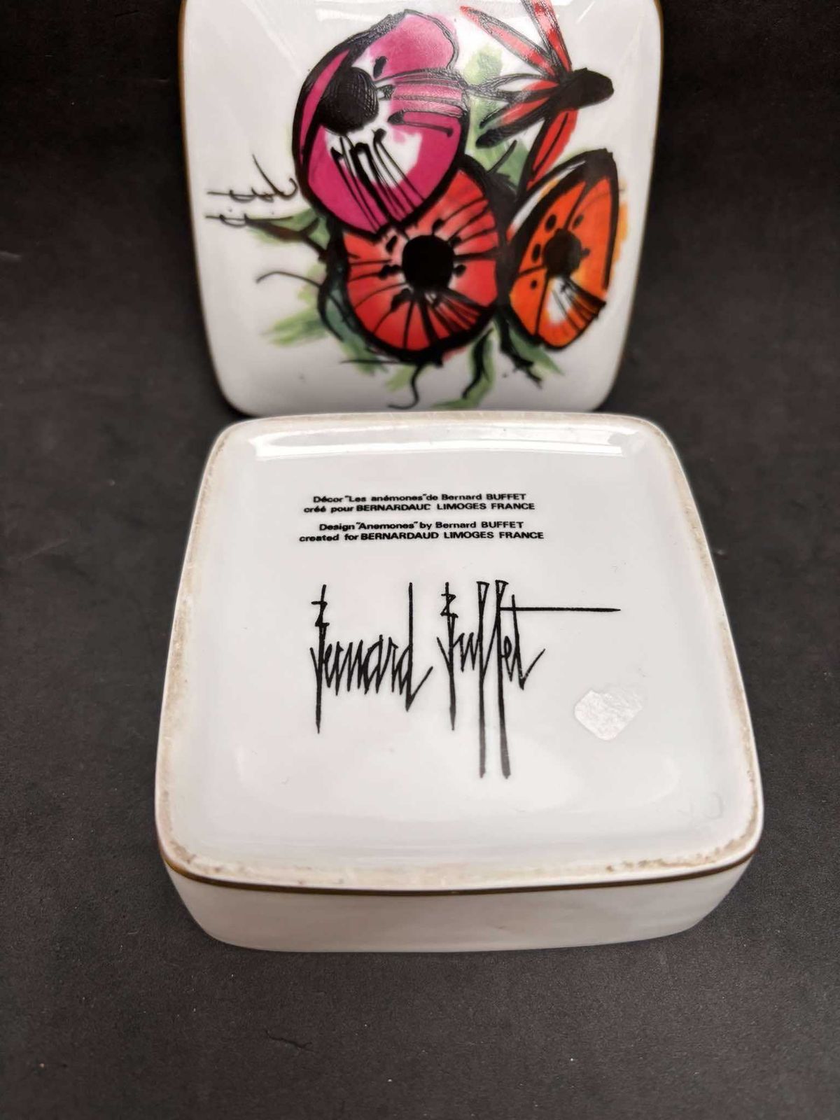 1980s Bernard Buffet Porcelain Box Bernardaud Limoges France Square Box Luxury Gift Concord Collector Anemones Flowers Decor Vanity Decor photo vinterior
