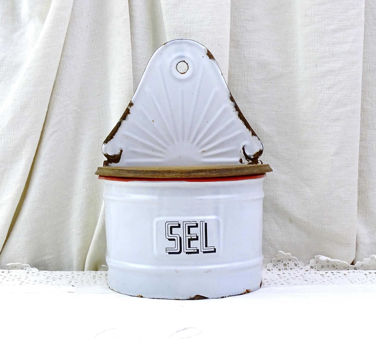 Antique White Enamel Wall Mounted Salt Box With Wooden Lid Black Lettering Sel, Vintage Country Cottage Farmhouse Kitchen Decor From France