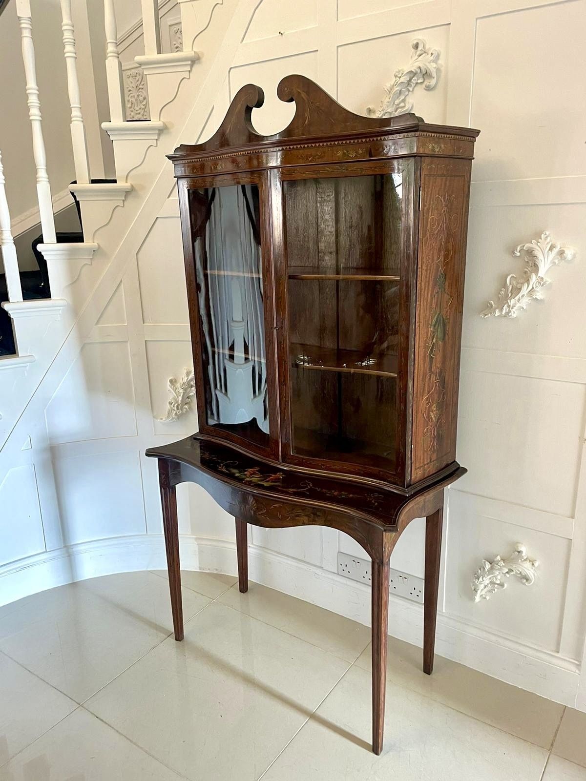 Antique 19th Century Quality Mahogany Display Cabinet With Original Painted Decoration photo buy