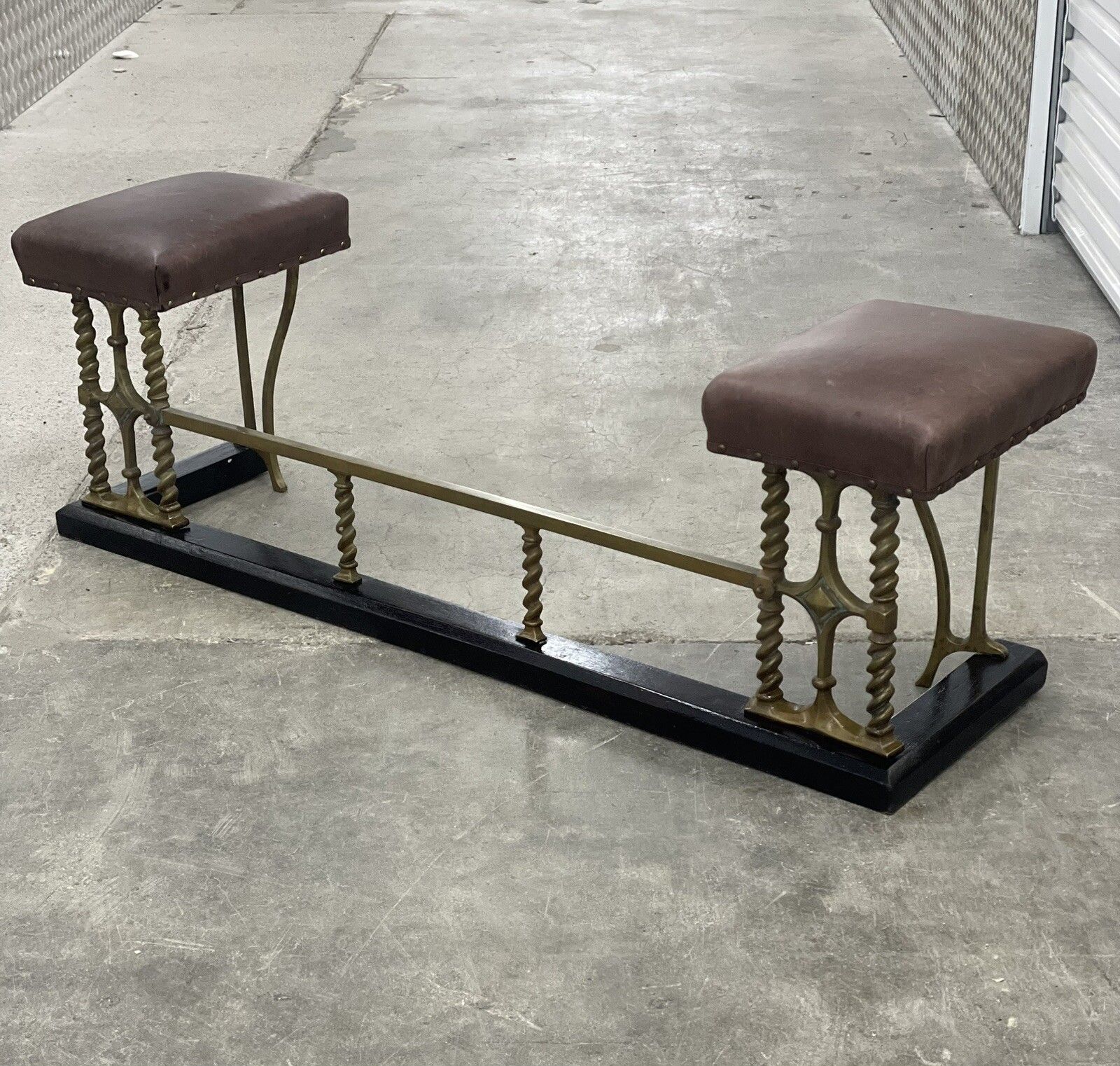 Victorian Club Fender Antique Fire Fender Seat Brass Brown Leather Top 🚚Ava photo furniture