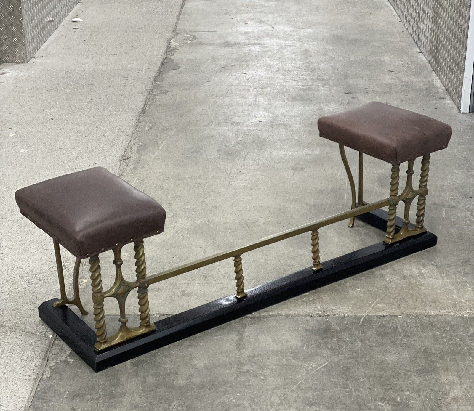 Victorian Club Fender Antique Fire Fender Seat Brass Brown Leather Top 🚚Ava photo 1195.0