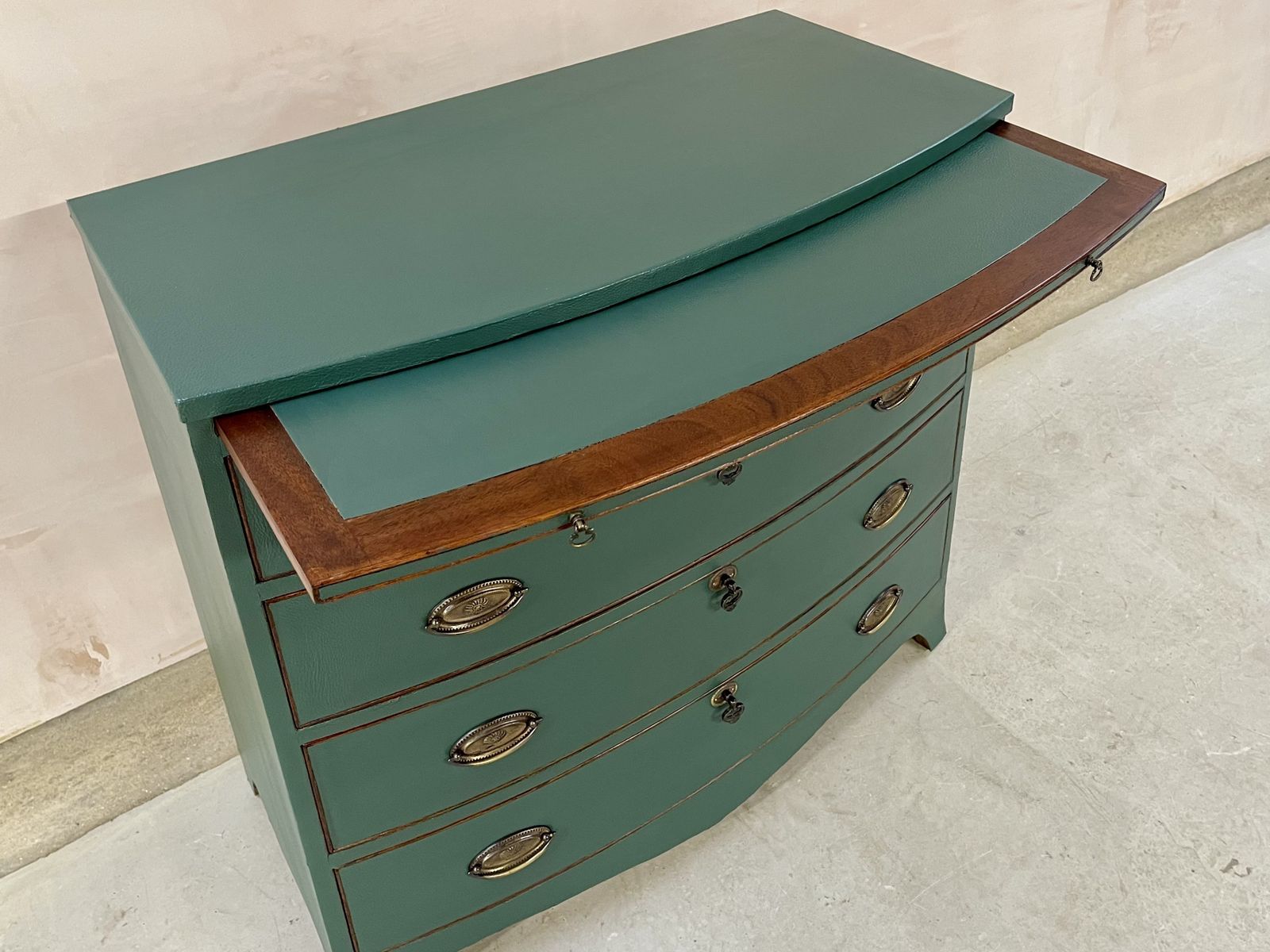 995.0 Chest Of Drawers Chest Of Draws Green Leather Bow Fronted photo