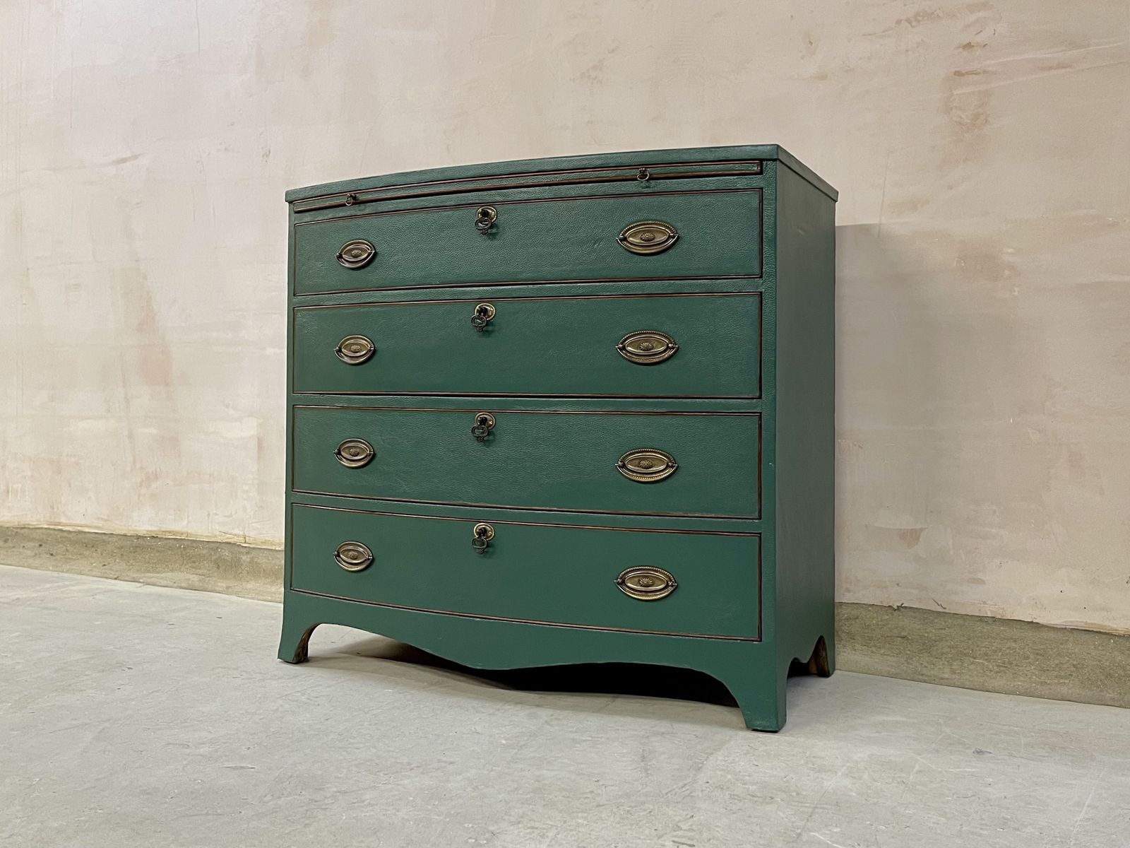 Chest Of Drawers Chest Of Draws Green Leather Bow Fronted photo for sale
