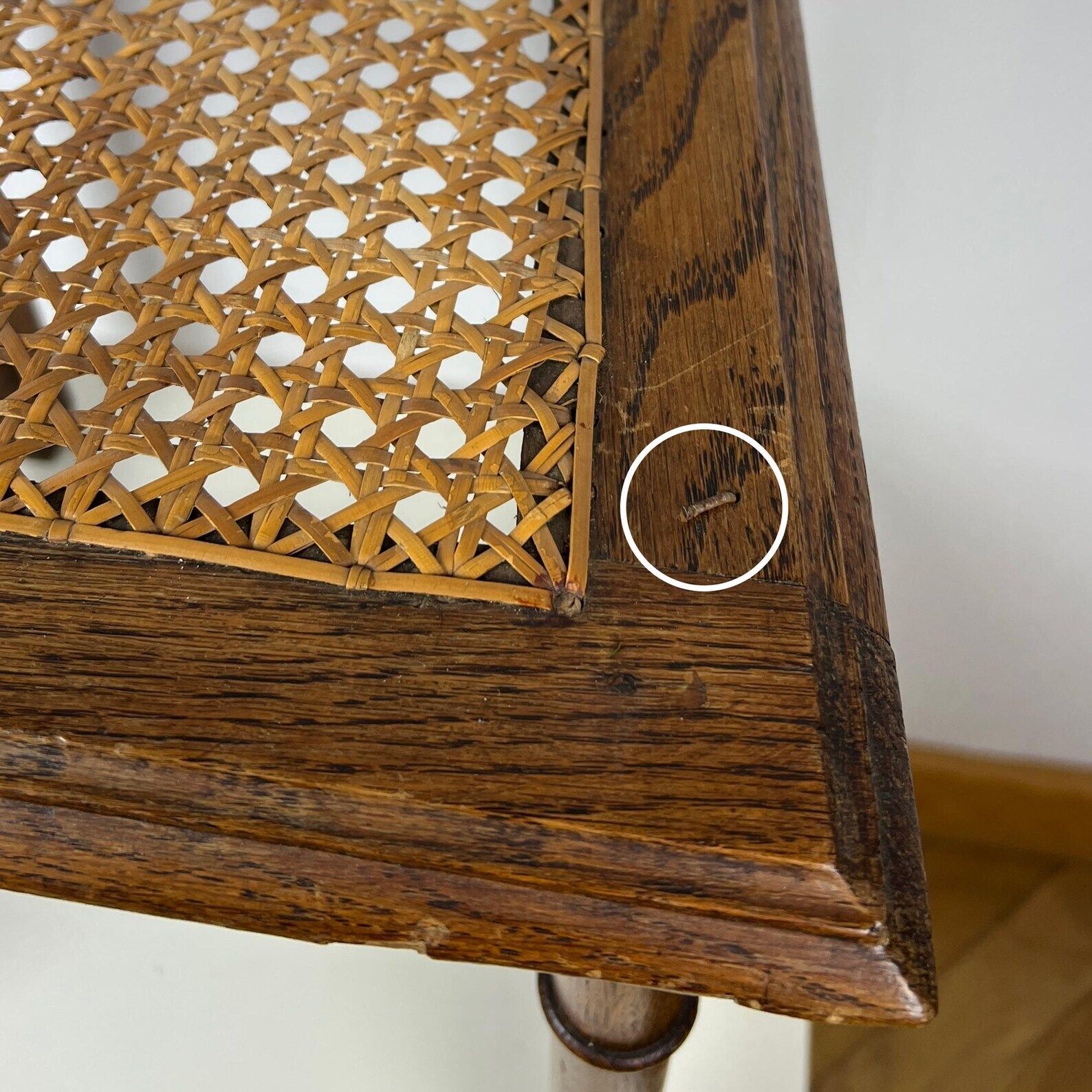 photo for sale Antique Henry II Oak Chair With Cane Seat, Rattan Carved Wood Side Chair