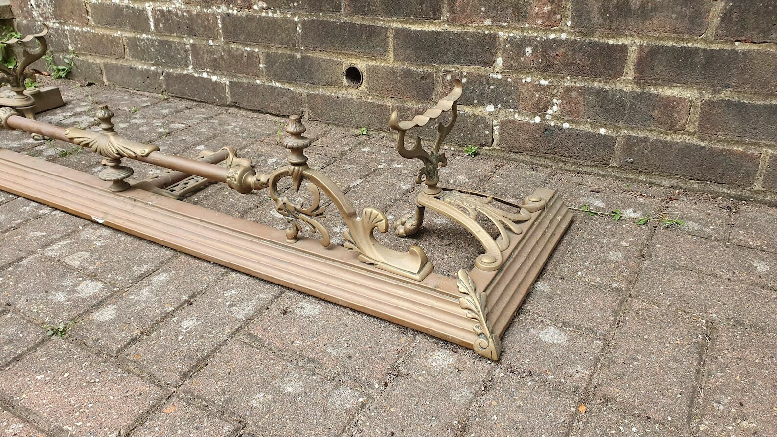 Large Ornate Vintage Ornate Brass Fender Fire Curb Fireplace photo for sale