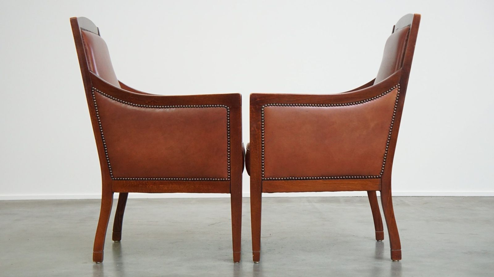 Stately, Luxurious Set Of 2 Cognac Colored Cowhide Art Deco Design Armchairs photo furniture