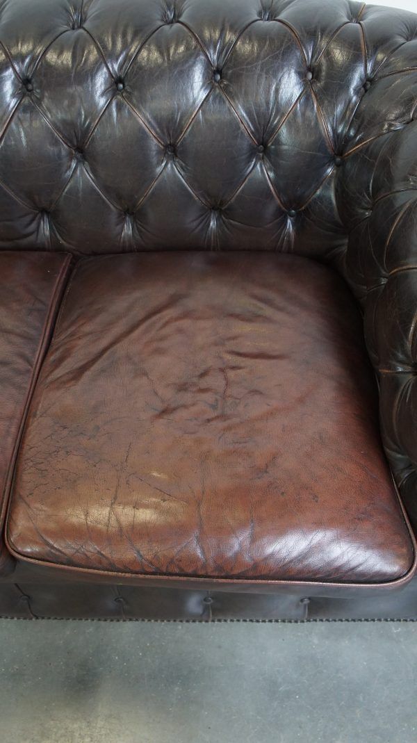 Old Dark Brown 3 Seater Cowhide Chesterfield Sofa With Lots Of Character photo vinterior