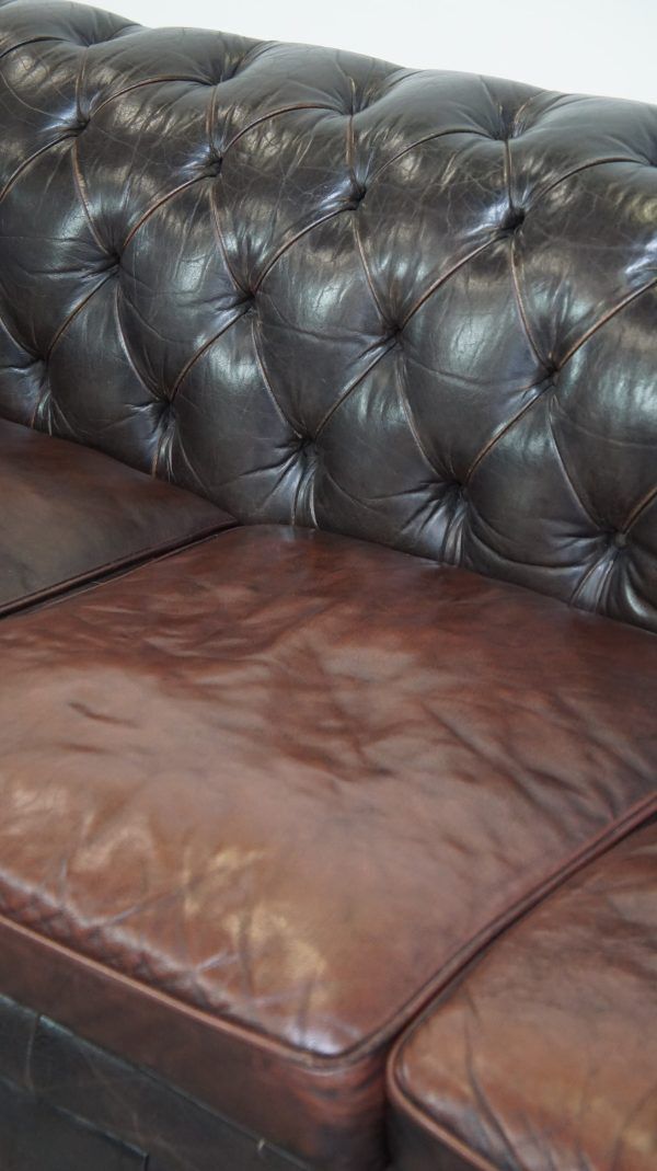 Furniture Old Dark Brown 3 Seater Cowhide Chesterfield Sofa With Lots Of Character photo