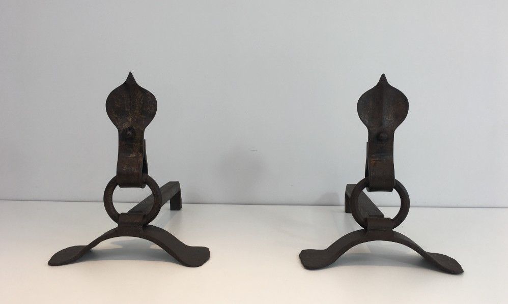 Pair Of Modernist Wrought Iron Andirons.