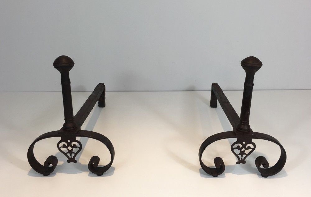 Pair Of Wrought Iron Andirons. photo for sale