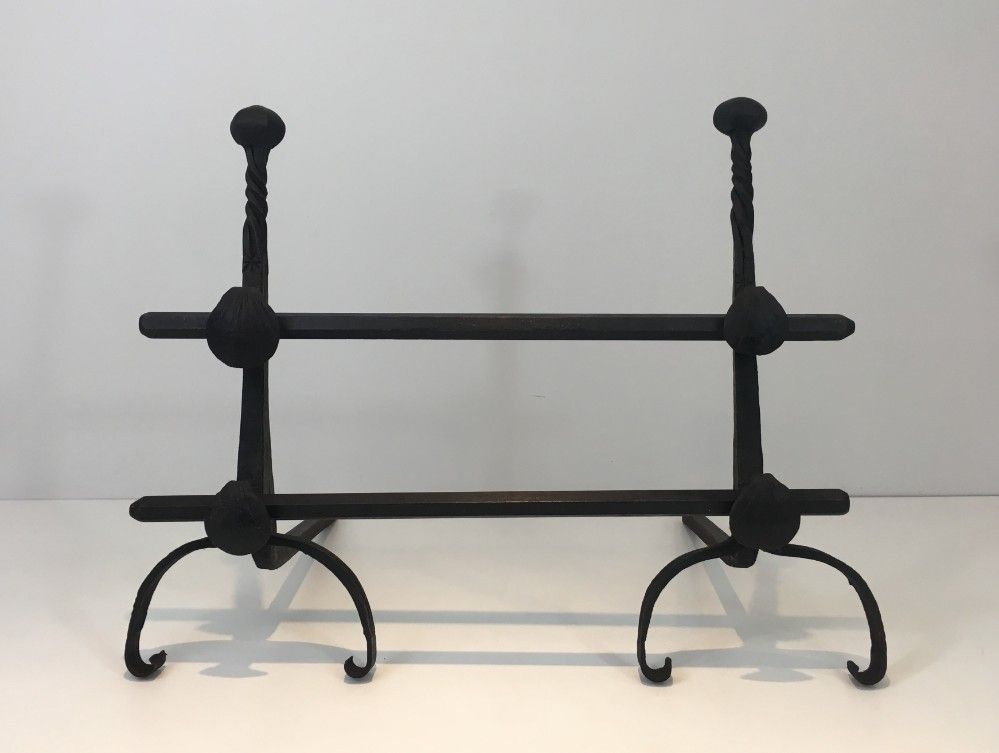 Pair Of Wrought Iron Andirons With Double Bars. French. photo for sale
