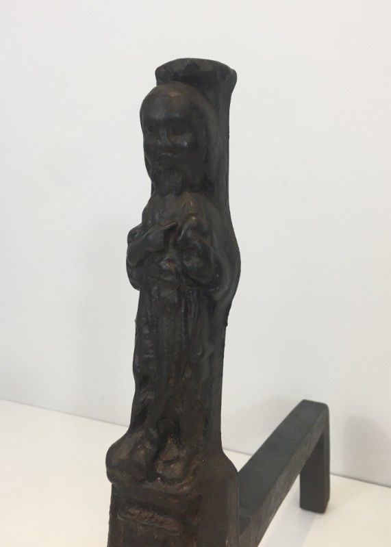Pair Of Cast Iron Andirons Representing An Evangelist. photo vintage
