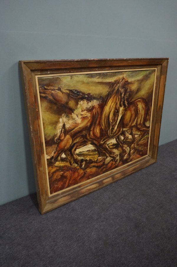 Zeer Groot En Indrukwekkend Schilderij Van Paarden, Olieverf photo for sale