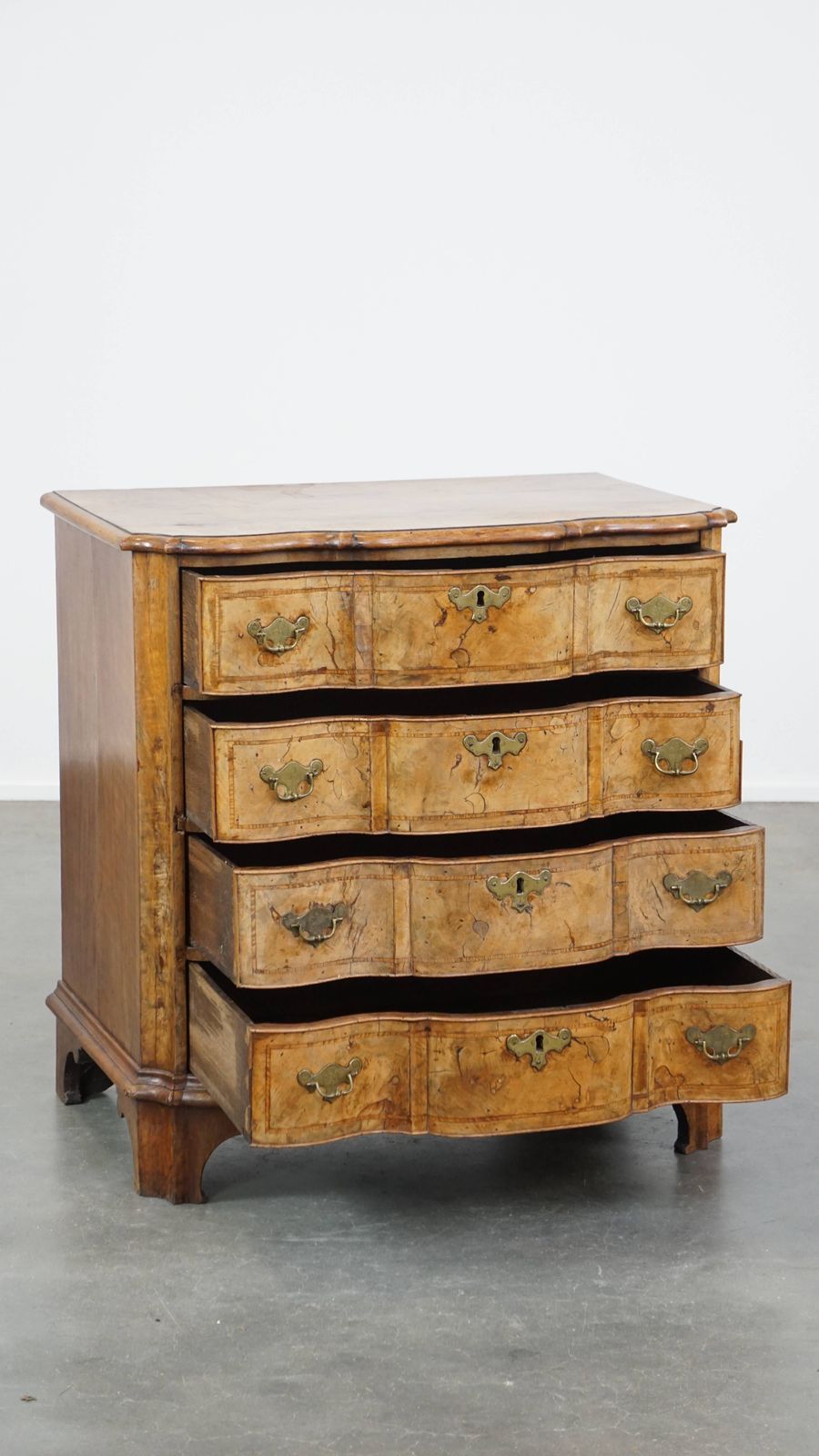 Baroque Curved Burl Walnut Wooden Antique Chest Of Drawers From The 18th Century With 4 Drawers And A Beautiful Patina photo furniture