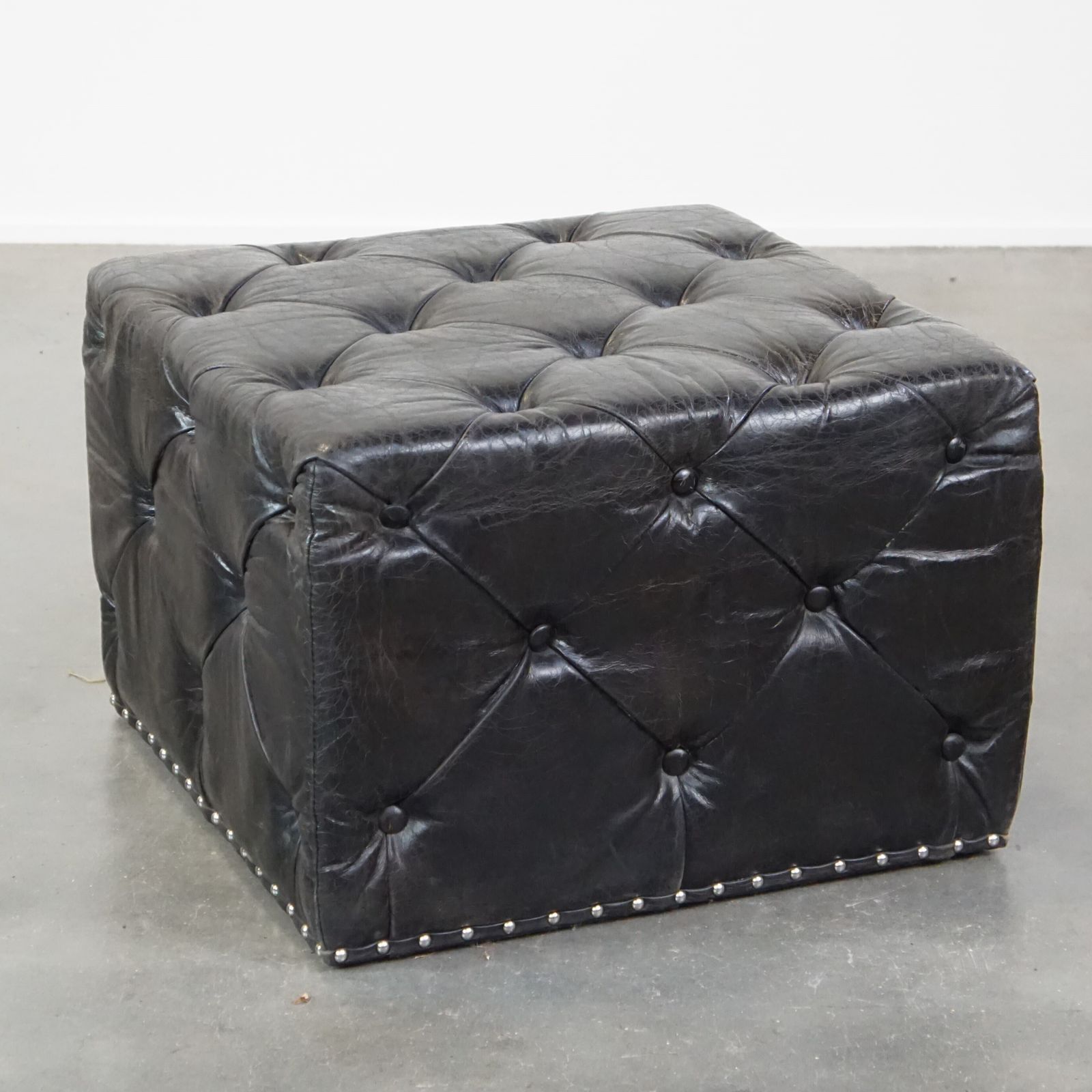 Large, Luxurious, Black Square Chesterfield Hocker/Coffee Table Made From Cattle Leather