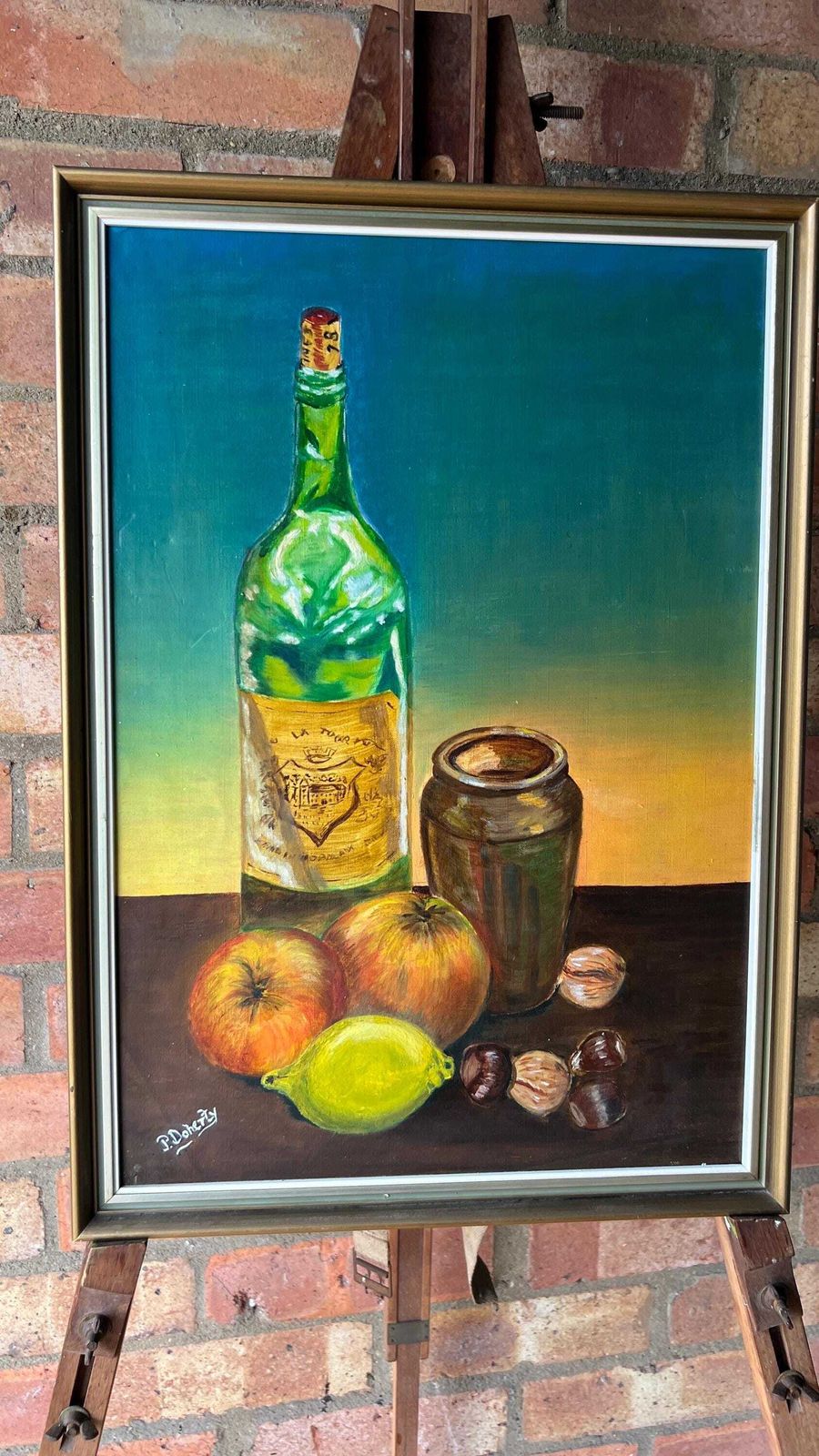 Framed Still Life Oil Painting By Pauline Doherty – Wine Bottle And Fruit photo furniture