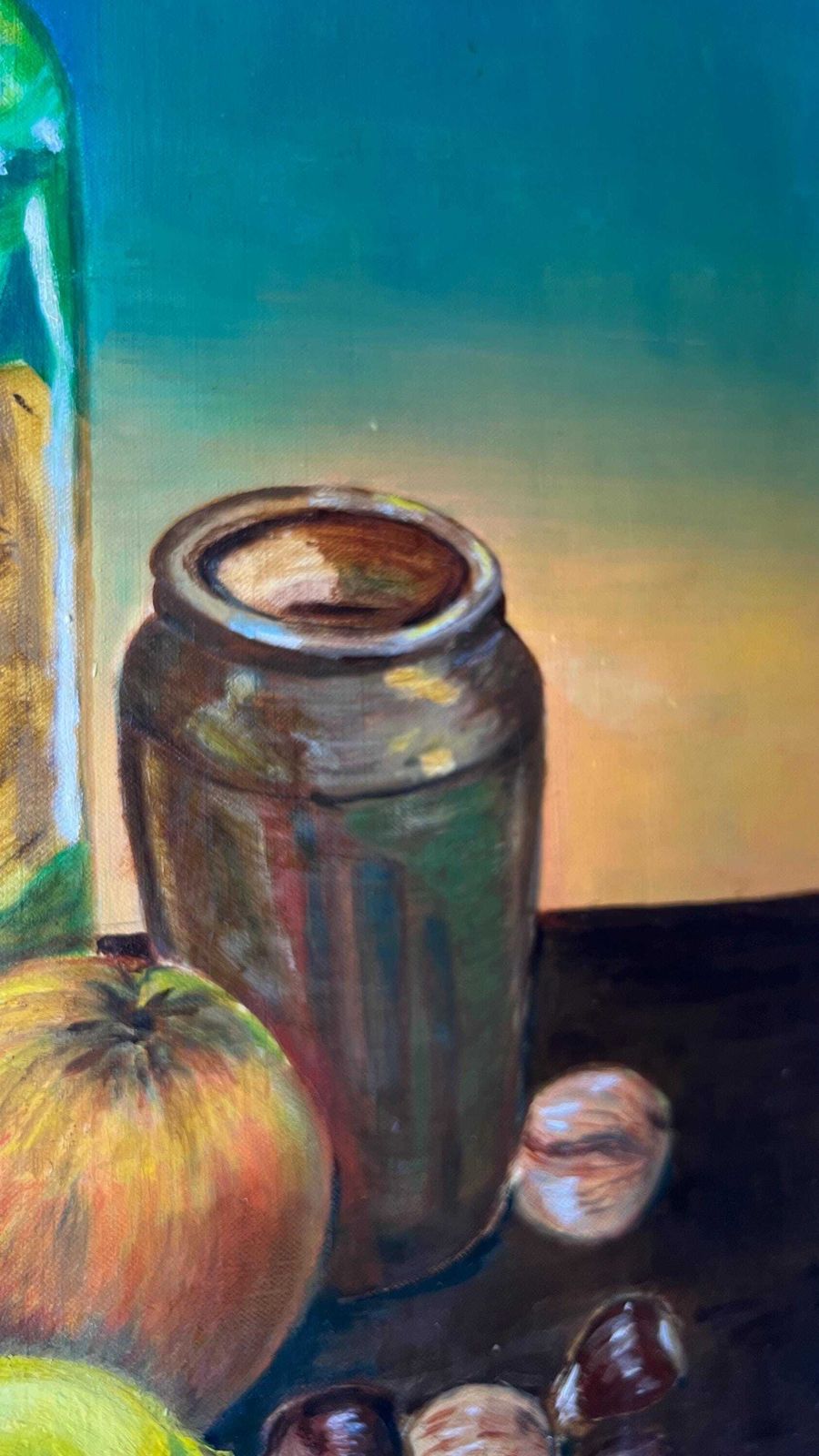 Framed Still Life Oil Painting By Pauline Doherty – Wine Bottle And Fruit photo 170.0