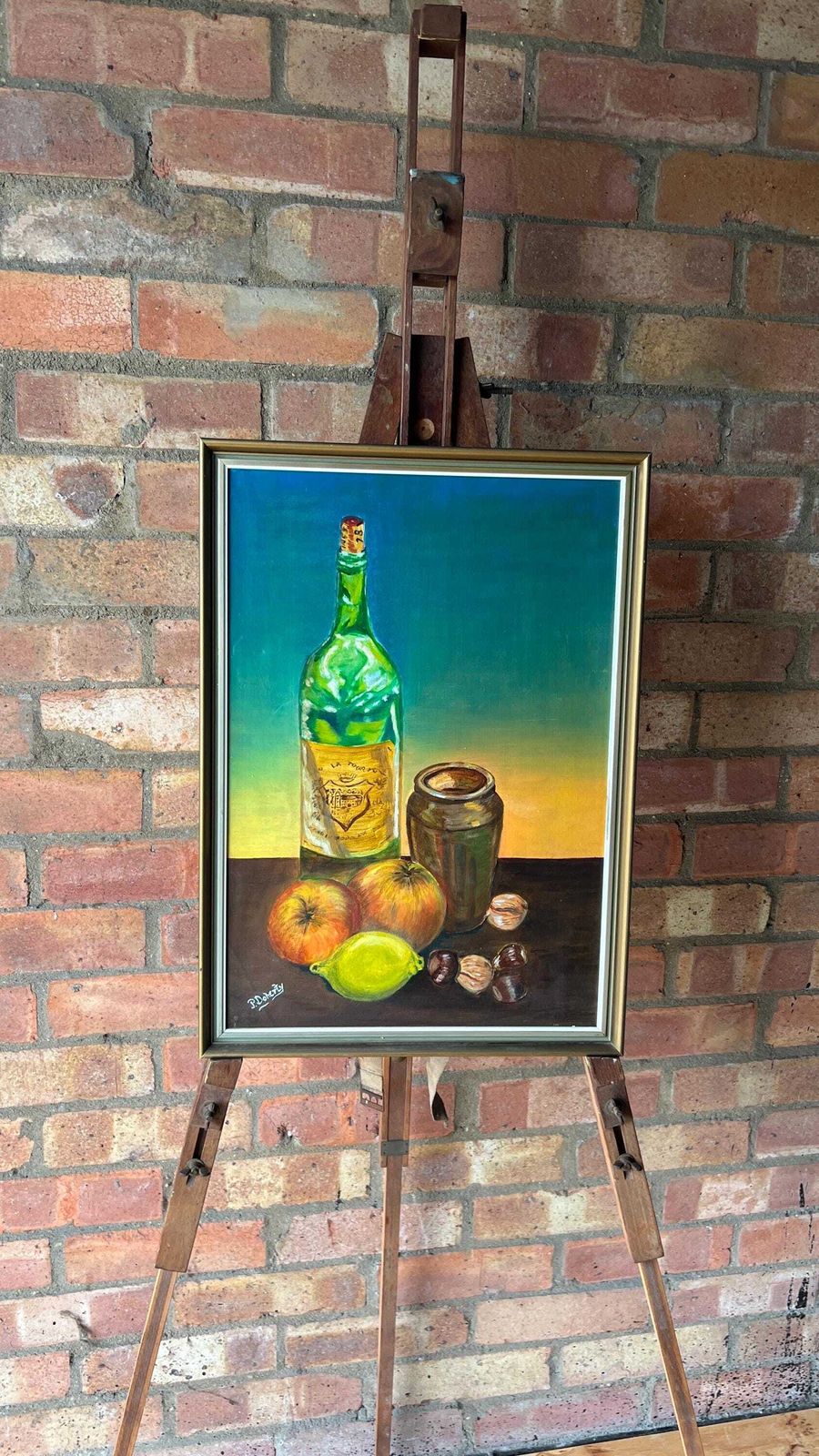 photo for sale Framed Still Life Oil Painting By Pauline Doherty – Wine Bottle And Fruit