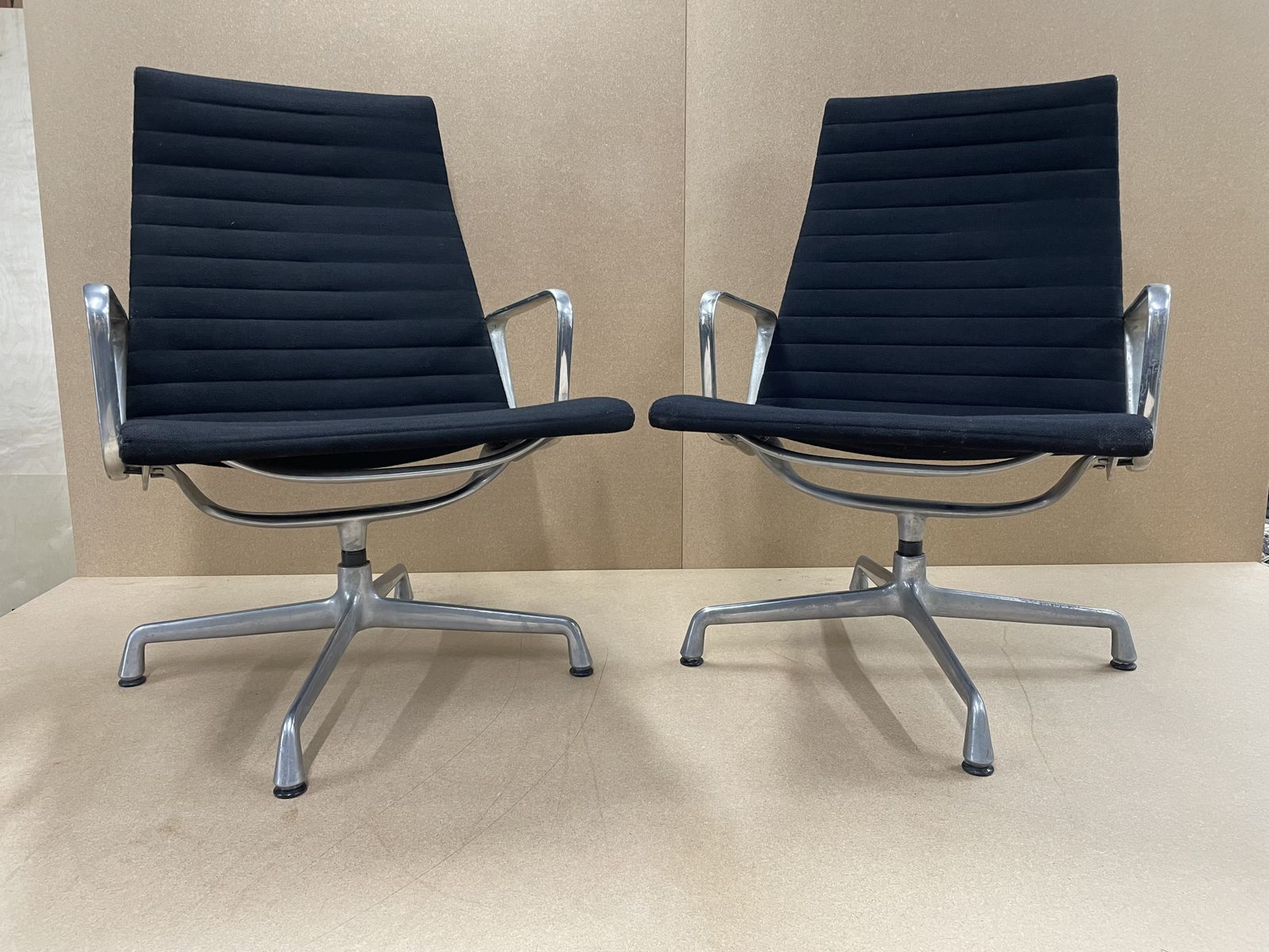 Pair Of Eames Chairs Black Sack Cloth Ea116 Easy Lounge Chairs photo for sale