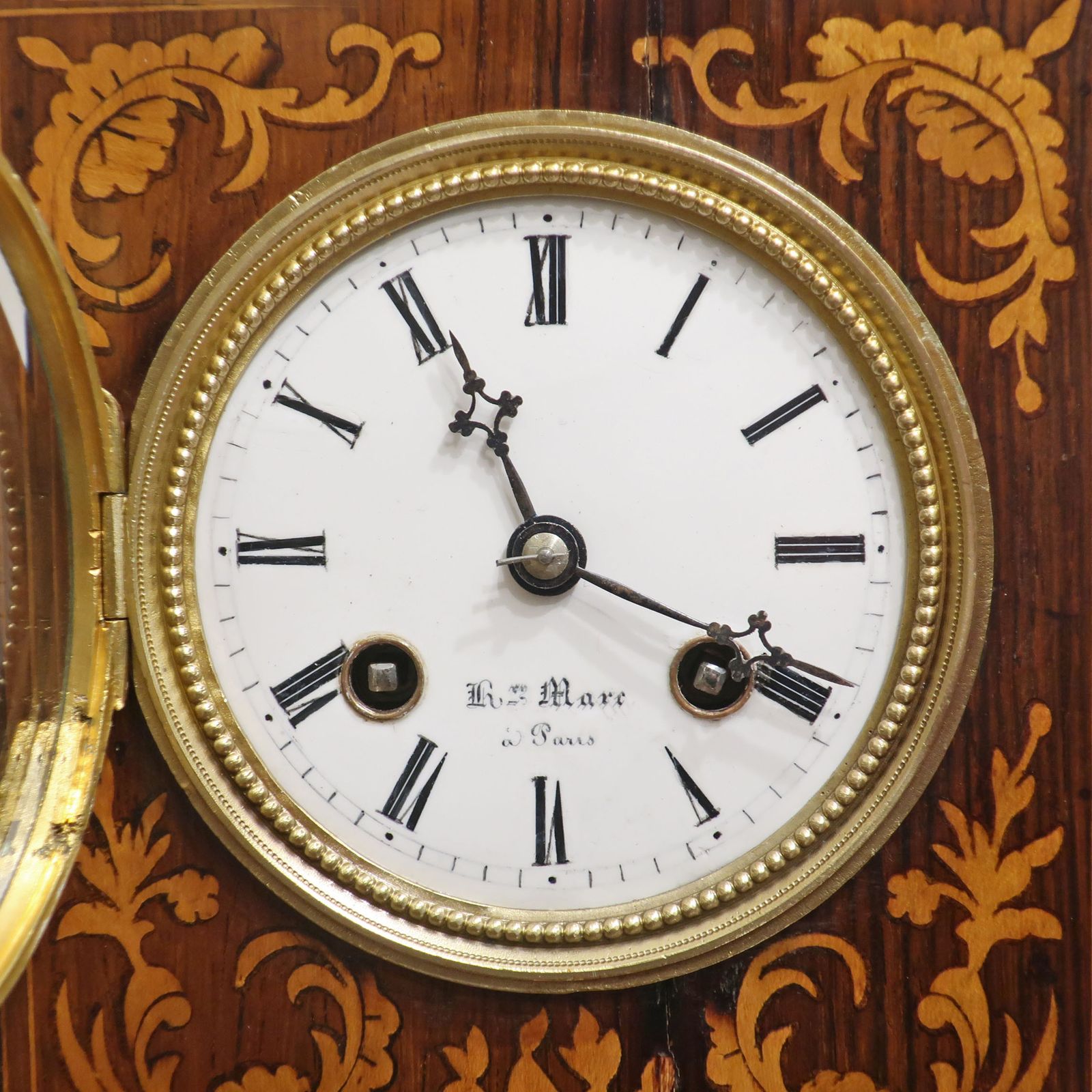 French Napoleon III Rosewood & Marquetry Mantel Clock By Henry Marc photo for sale