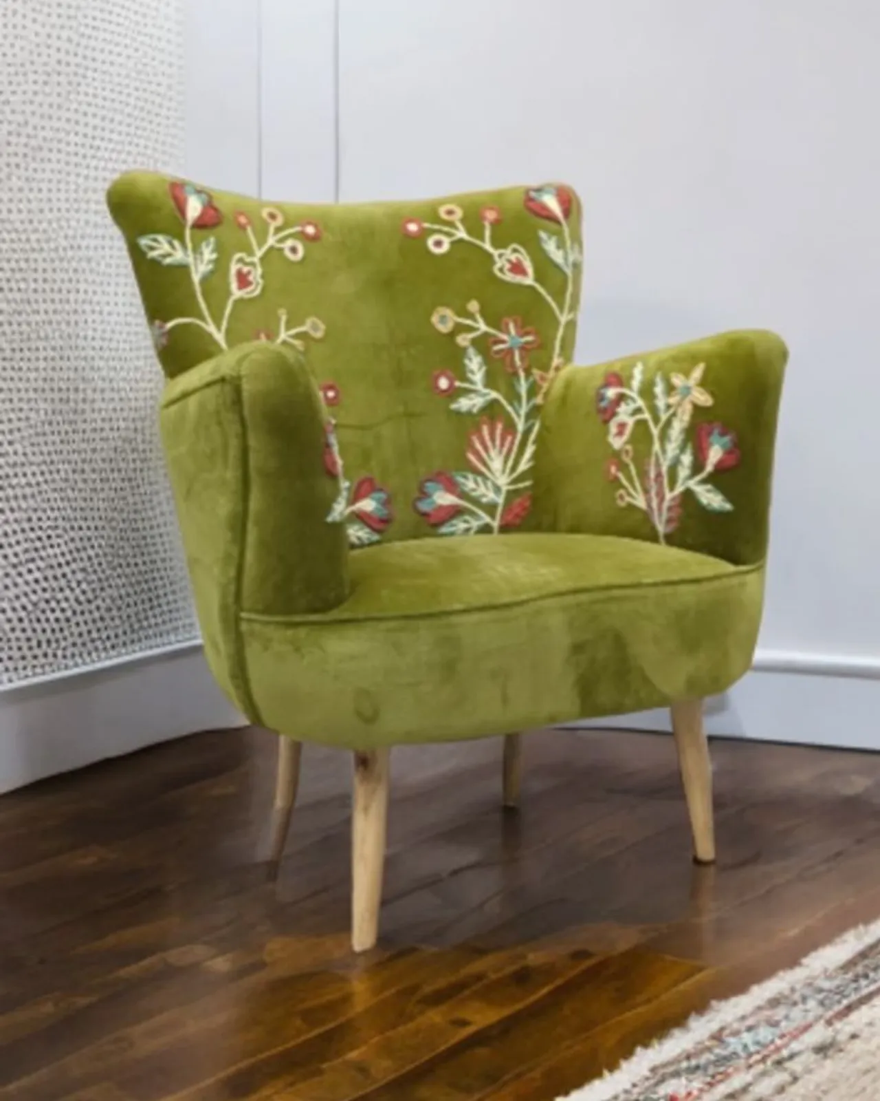 Green Velvet Hand Embroidered Wingback Armchair & Footstool Set