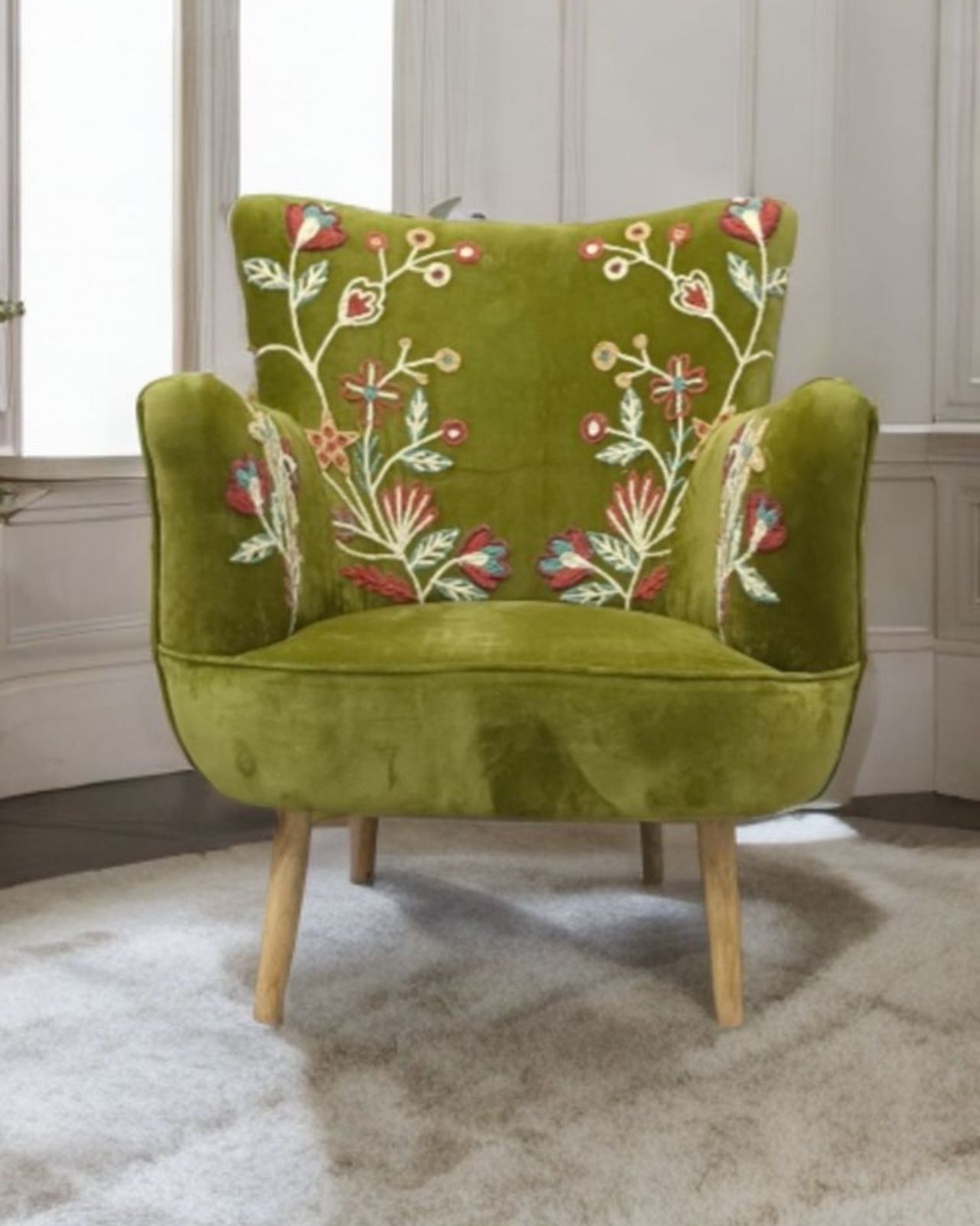 Green Velvet Hand Embroidered Wingback Armchair & Footstool Set photo furniture