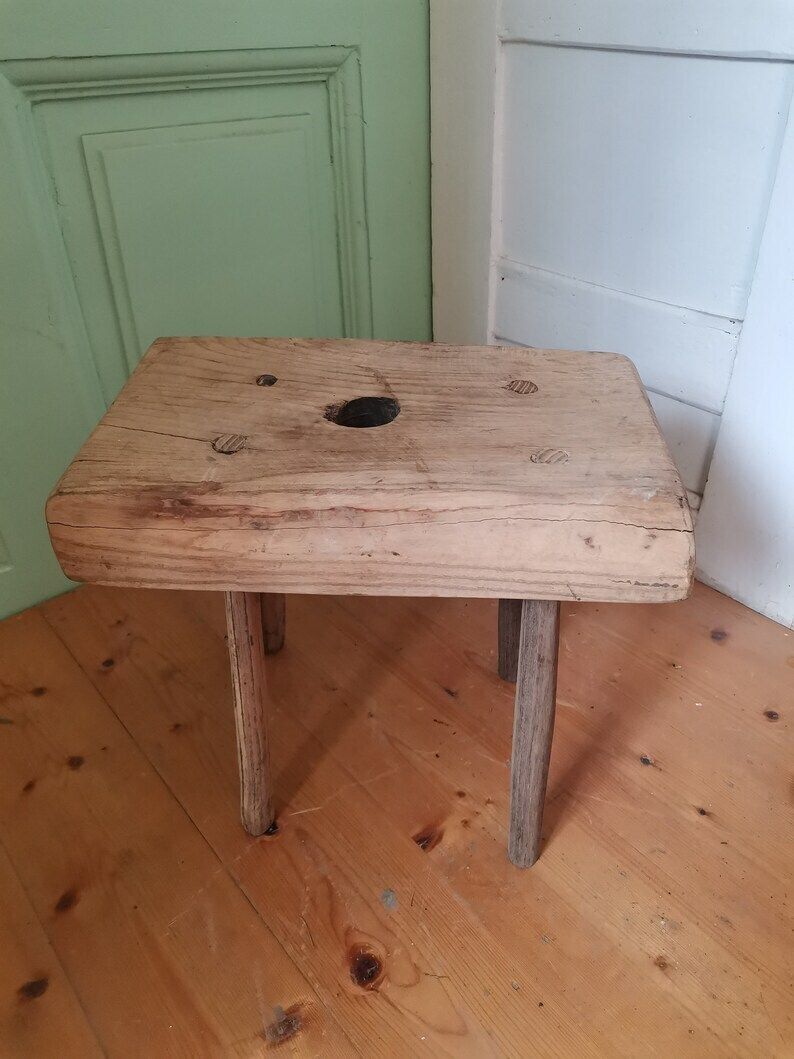 Heavy Chunky Vintage Central European Acacia Wooden Milking Stool Or Step C1940s Table, Primitive Hand Made Antique Milk Seat. Gnarly Patina photo for sale