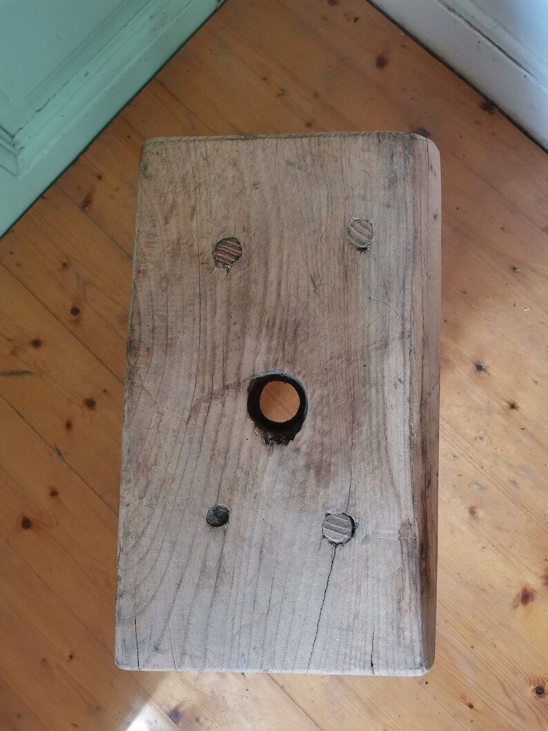Heavy Chunky Vintage Central European Acacia Wooden Milking Stool Or Step C1940s Table, Primitive Hand Made Antique Milk Seat. Gnarly Patina photo Furniture
