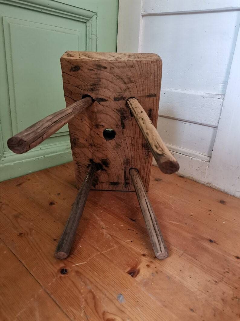 Heavy Chunky Vintage Central European Acacia Wooden Milking Stool Or Step C1940s Table, Primitive Hand Made Antique Milk Seat. Gnarly Patina photo 99.0