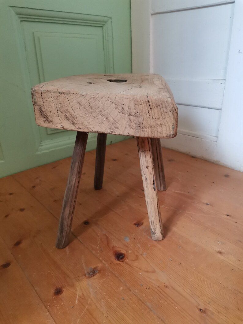 Heavy Chunky Vintage Central European Acacia Wooden Milking Stool Or Step C1940s Table, Primitive Hand Made Antique Milk Seat. Gnarly Patina photo vinterior