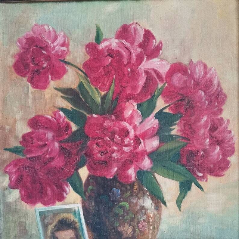 Painting Beautiful Vivid Art Of Flowers In Vase Signed Acrylic On Canvas 1950. Shabby Gold Rocco Frame Rustic Very Decorative Professional photo vinterior
