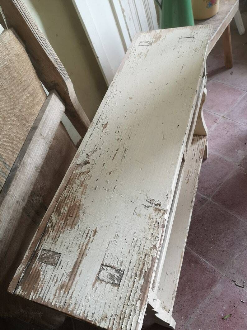 Vintage Shabby White Chippy Rustic Wooden Display Shelf, Little Shelving Console, Antique Water Shelf From Homestead Hungary 1920s photo furniture