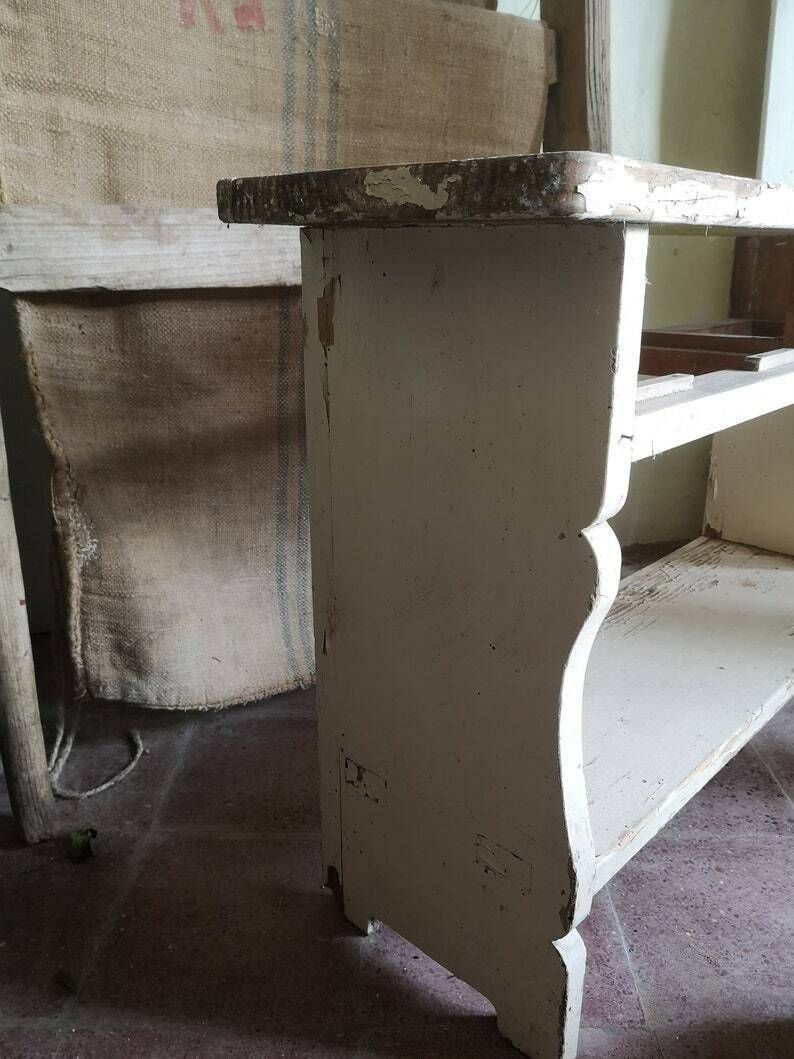 Vintage Shabby White Chippy Rustic Wooden Display Shelf, Little Shelving Console, Antique Water Shelf From Homestead Hungary 1920s photo Furniture