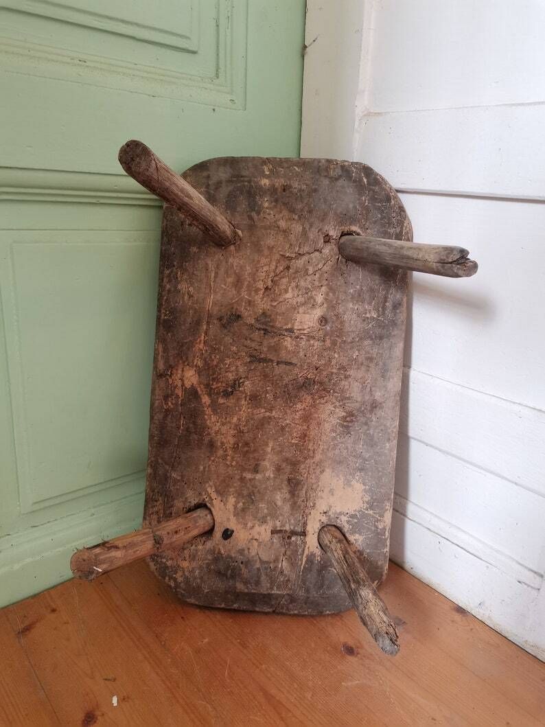 Old Primitive Hand Made Antique Milk Seat. Gnarly Patina Wooden Milking Stool Or Step, Traditional Vintage Central European Oak C1890 Table photo 87.0