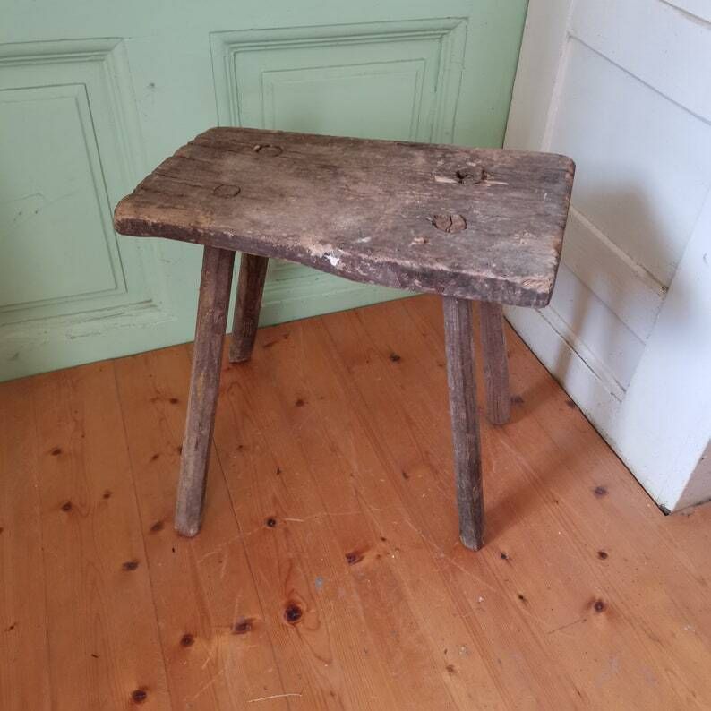 Primitive Handmade Antique Milk Seat, Gnarly Patina Wooden Milking Stool Or Step,Traditional Vintage Central European Oak C1890 Table