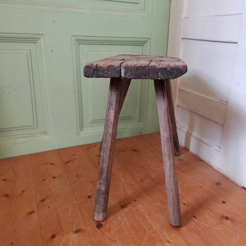 Primitive Handmade Antique Milk Seat, Gnarly Patina Wooden Milking Stool Or Step,Traditional Vintage Central European Oak C1890 Table photo Furniture