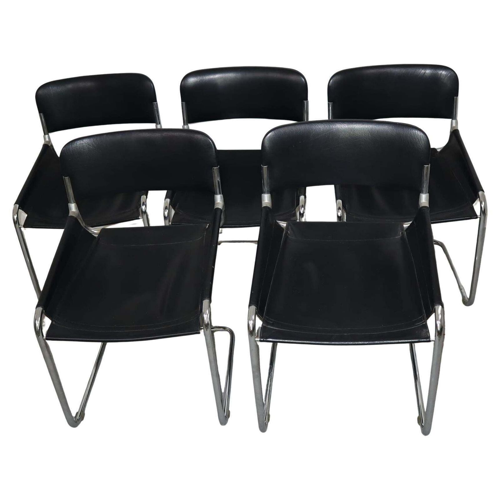 Set Of Five Mid Century Modern Leather Chairs, Italy, 1970s