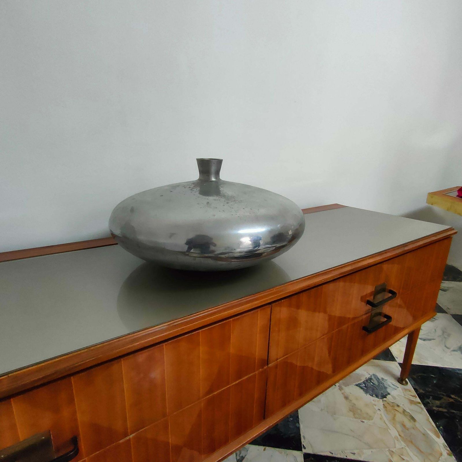 Mid Century Modern Round Cast Aluminum Vase, Italy, 1970s photo vinterior