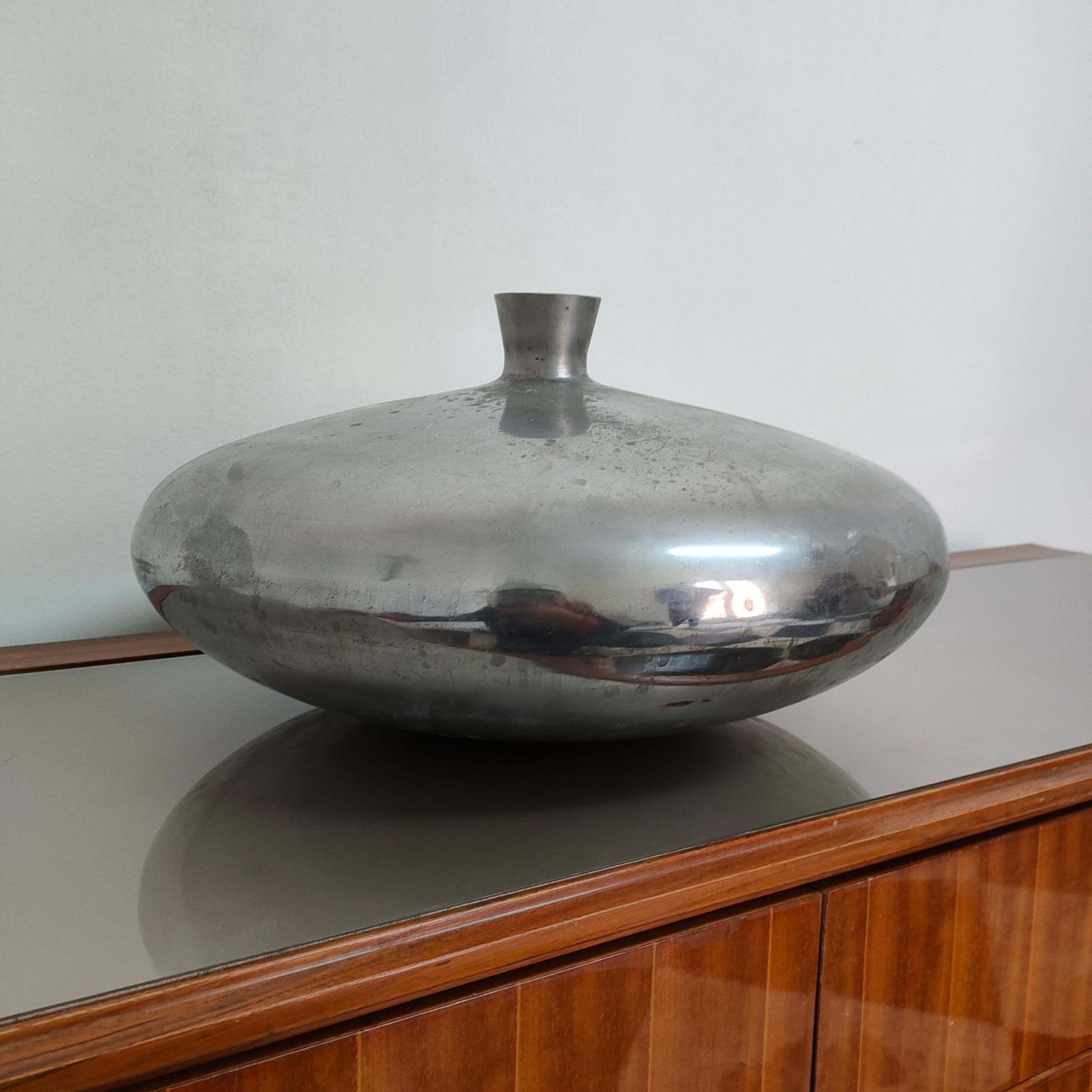 Mid Century Modern Round Cast Aluminum Vase, Italy, 1970s photo vintage