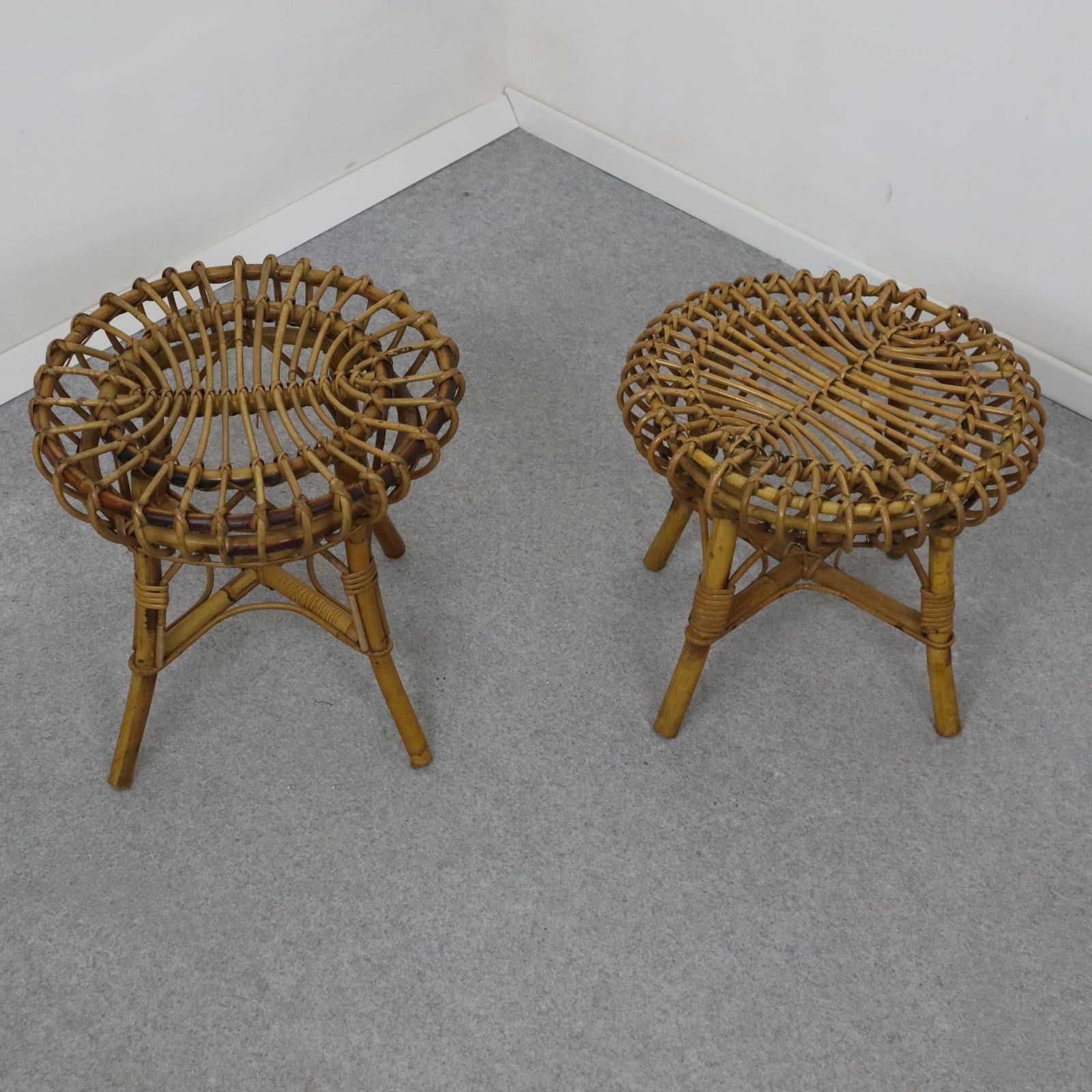 Mid Century Modern Rattan And Bamboo Ottoman Stool Franco Albini, Italy, 1960s photo vintage