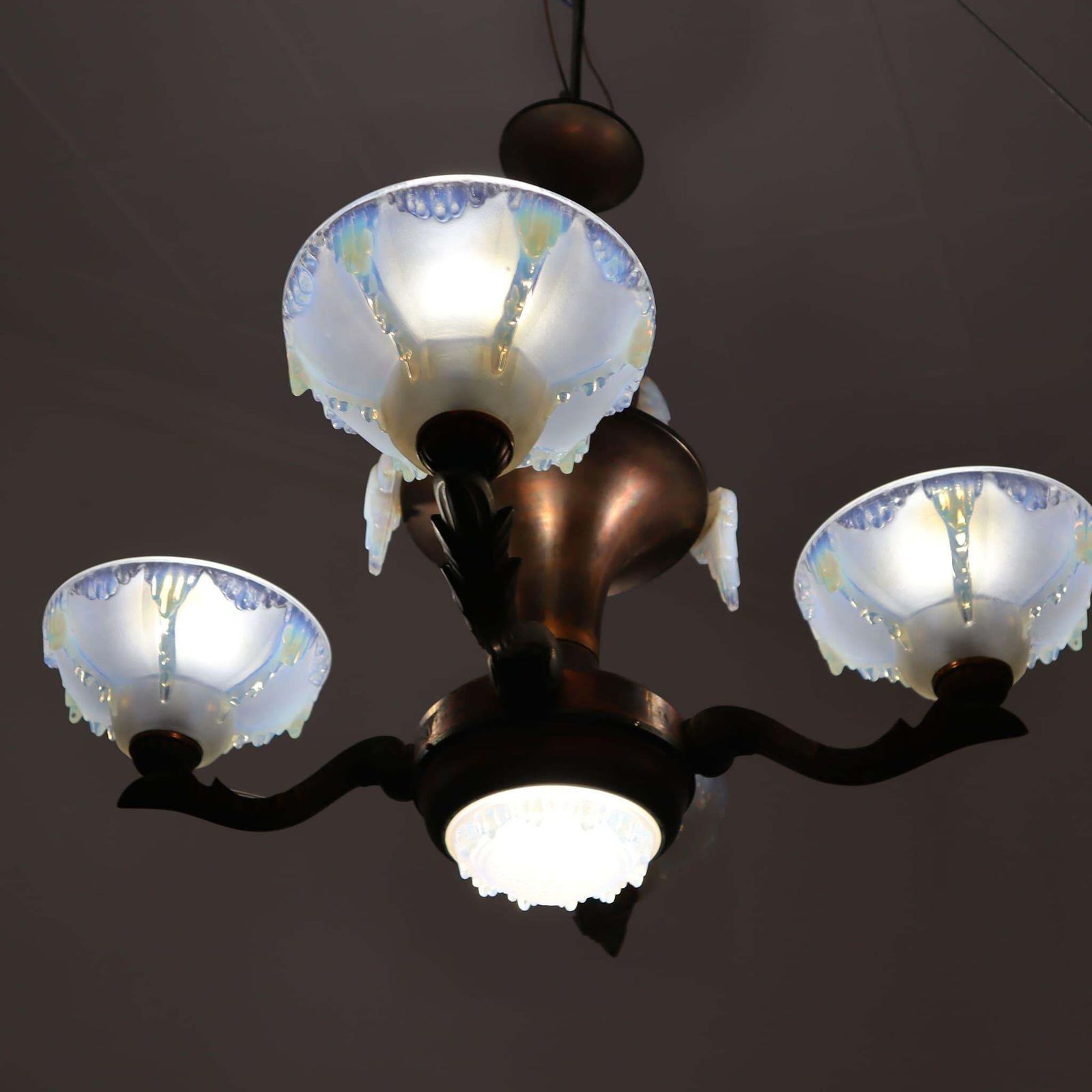 Art Deco French Frosted Opalescent Glass Copper Chandelier By Ezan, 1930s photo vinterior