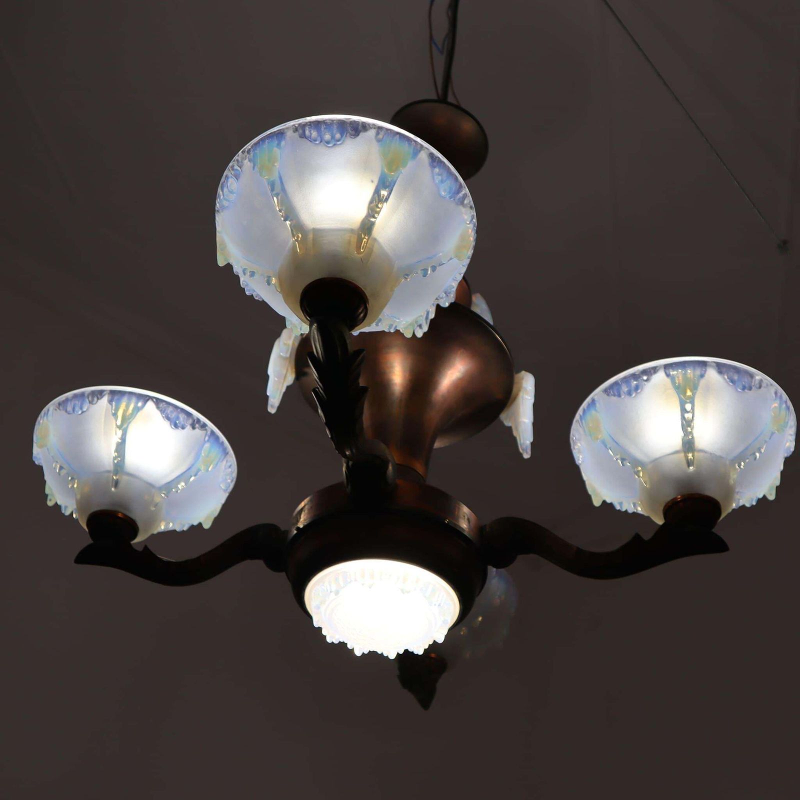 Art Deco French Frosted Opalescent Glass Copper Chandelier By Ezan, 1930s photo buy