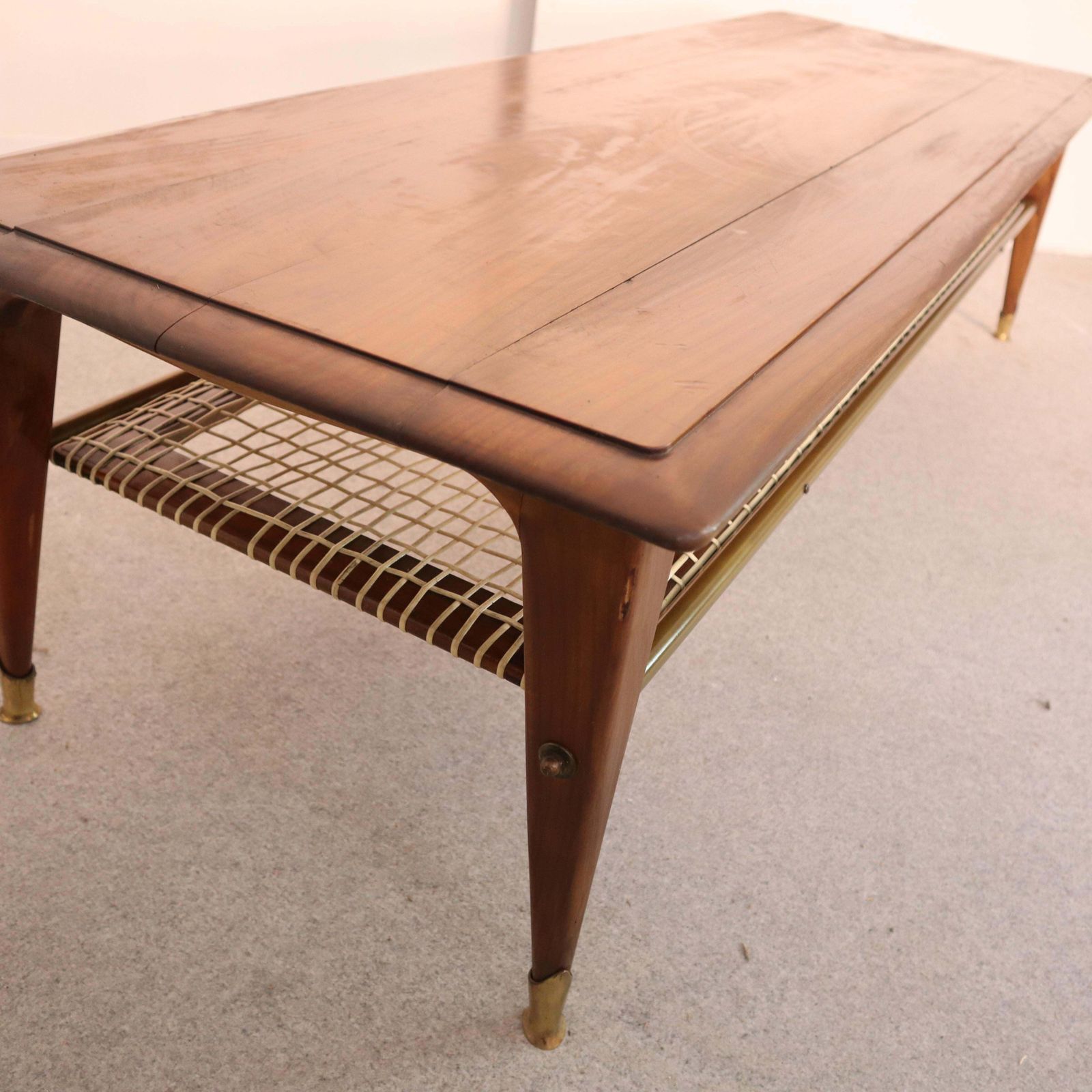 Mid Century Modern Italian Solid Walnut Brass Coffee Table From 1960s photo buy