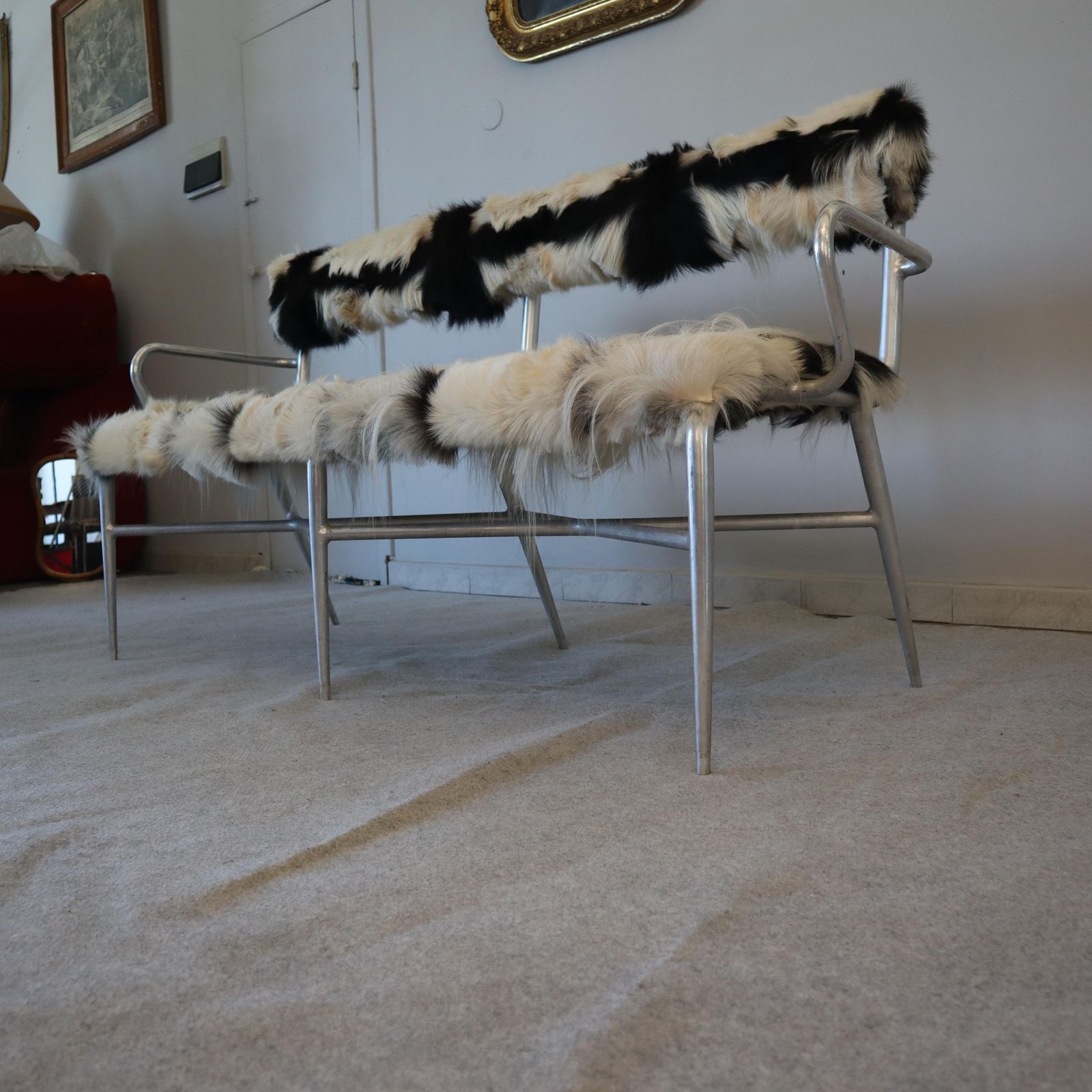 photo for sale Industrial Metal And Cowhide Bench, Italy, 1950s