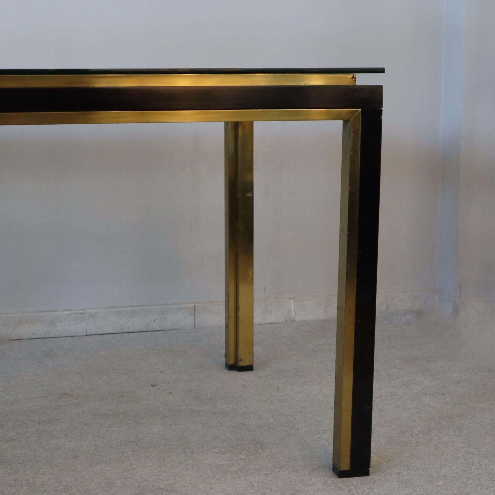 Italian Desk Writing Table Glass Top Metal Brass Structure By Romeo Rega 1970 photo for sale