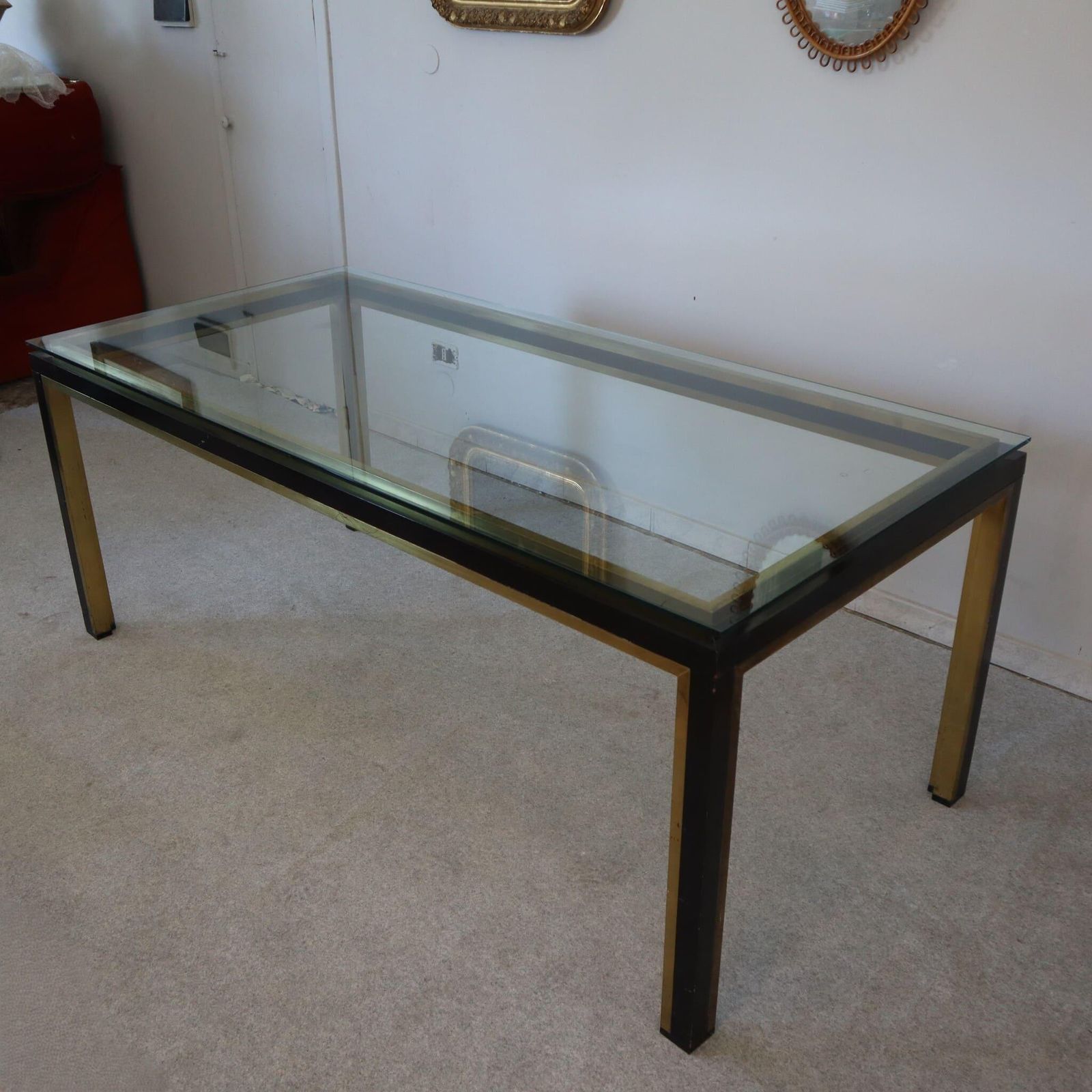 photo furniture Italian Desk Writing Table Glass Top Metal Brass Structure By Romeo Rega 1970