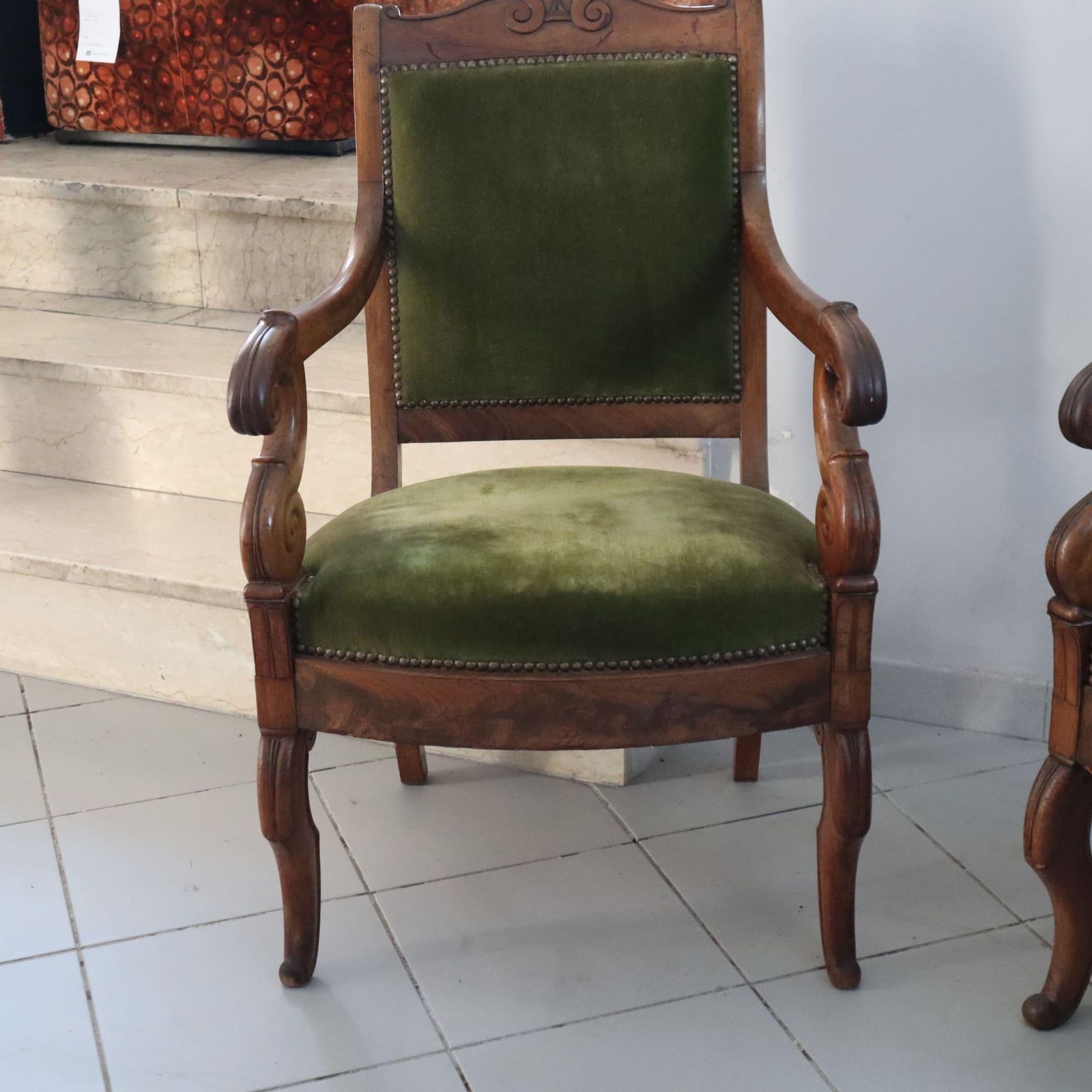 Pair Of French Antiques Armchairs In Walnut And Green Fabric 19th Century photo 1517.0